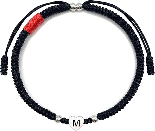 LAMIBEE Pulsera de letra inicial, pulsera de protección y cuerda de la suerte, pulsera negra y roja con tarjeta inspiradora, pulsera de eslabones de