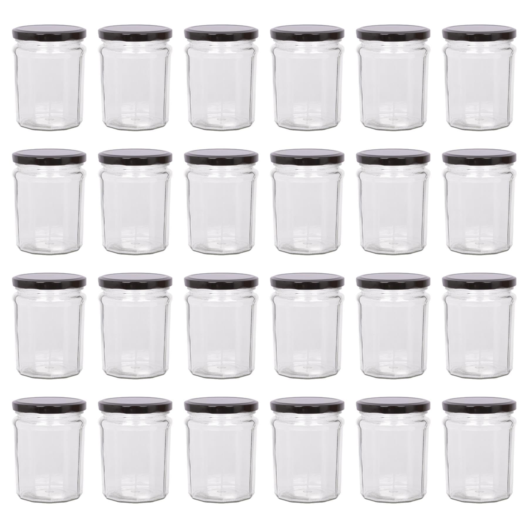 Argon Tableware Glass Jam Jars with Airtight Black Lids - 380ml - Pack of 24 - Empty Screw Top Kitchen Storage Jar for Food, Honey, Spice, Pickling, Preserving, Candle Making