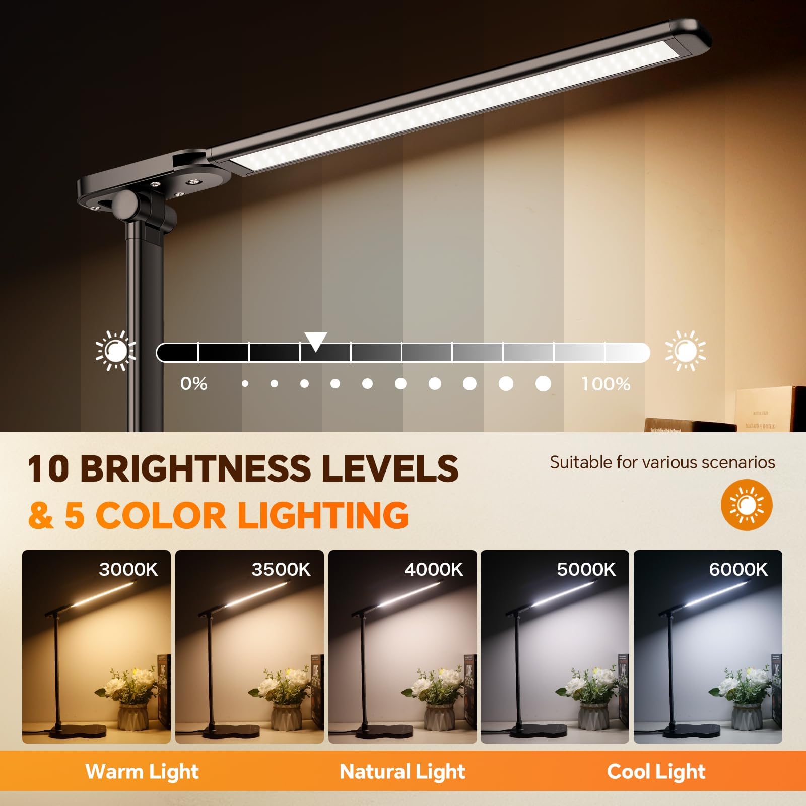 Caldarax Lámpara Escritorio LED Regulable, Flexo de Escritorio 5 Modos y 10 Niveles de Brillo, Puerto USB/Control Táctil/Temporizador 45min/Cuidado Ocular/Función Memoria, Lampara LED(Negro)