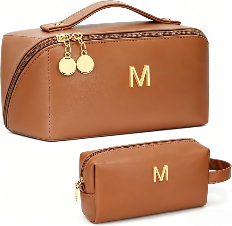 Necessaire de maquiagem KKXIU com inicial, marrom, M