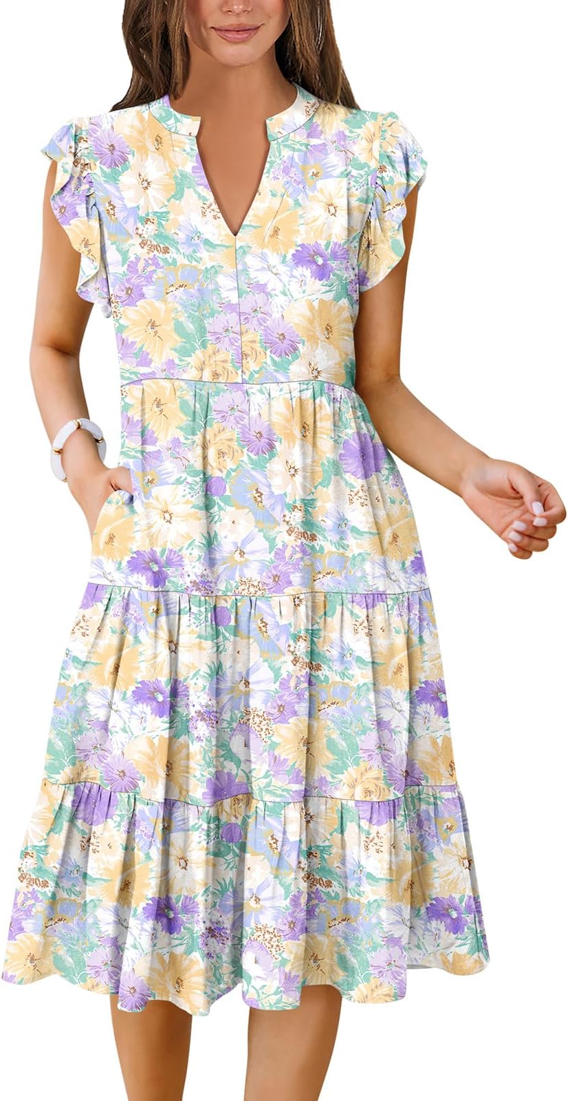 ANRABESS Womens Summer Dress Ruffle Sleeve V Neck Midi Dresses Fashion Casual Fit Flowy Tiered Boho Beach Vacation Sundress