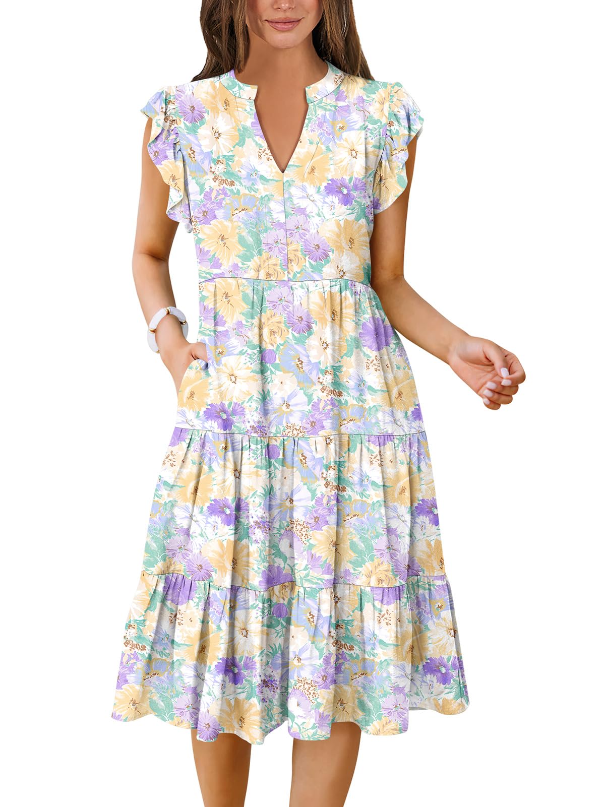 ANRABESS Womens Summer Dress Ruffle Sleeve V Neck Midi Dresses Fashion Casual Fit Flowy Tiered Boho Beach Vacation Sundress