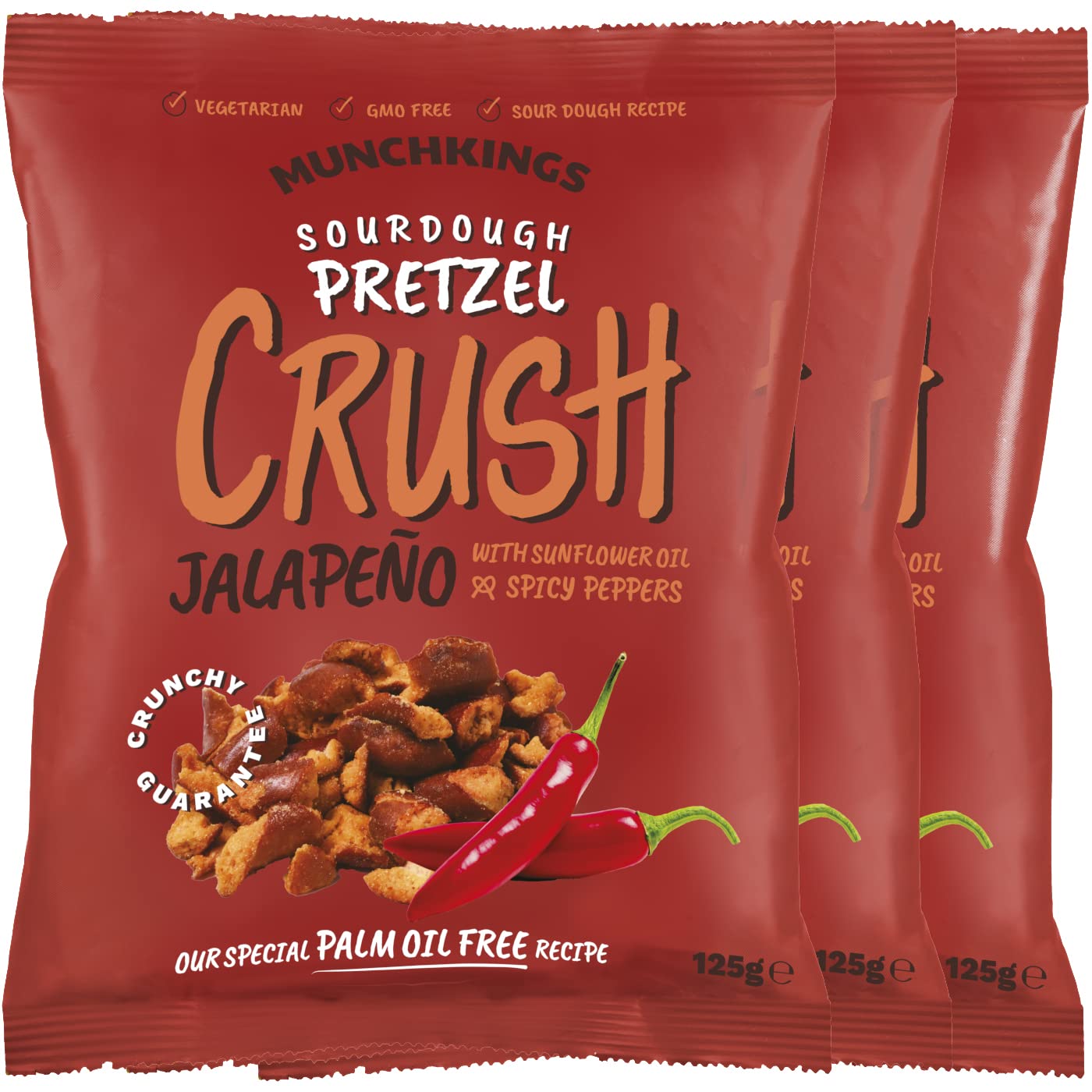 Hibvest MunchKings Sourdough Pretzel Crush - Pretzel Snack of Flavoured Pretzel Pieces (Jalapeno Pepper, 3 x 125g)