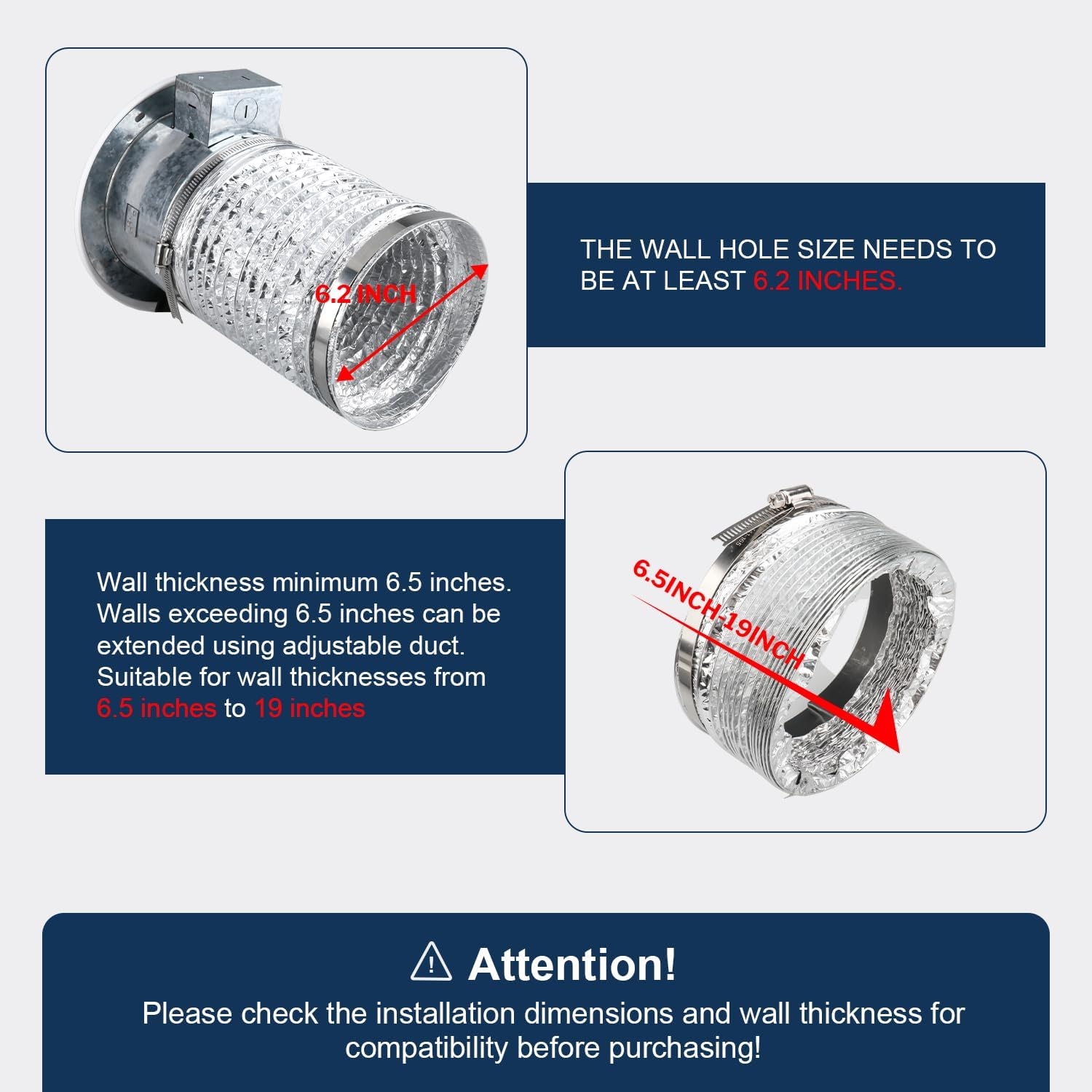 Quini 512M 6-inch Through Wall Exhaust Fan, 80 CFM 4.0 Sones, Bathroom Wall Exhaust Fan, Kitchen Ventilation Fan, 6-inch Diameter Vent, Retractable Duct