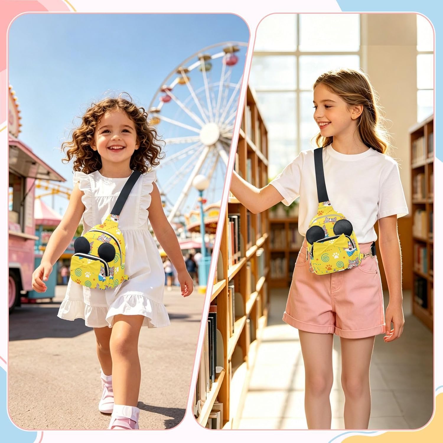 Funny Cat Kids Crossbody Bags for Girls, 3.1x5.7x7.5 In | Crossbody Fanny Pack, Toddler Purse, Cute Sling Belt Bag with Ears, 2L Small Shoulder Chest Bag for Travel