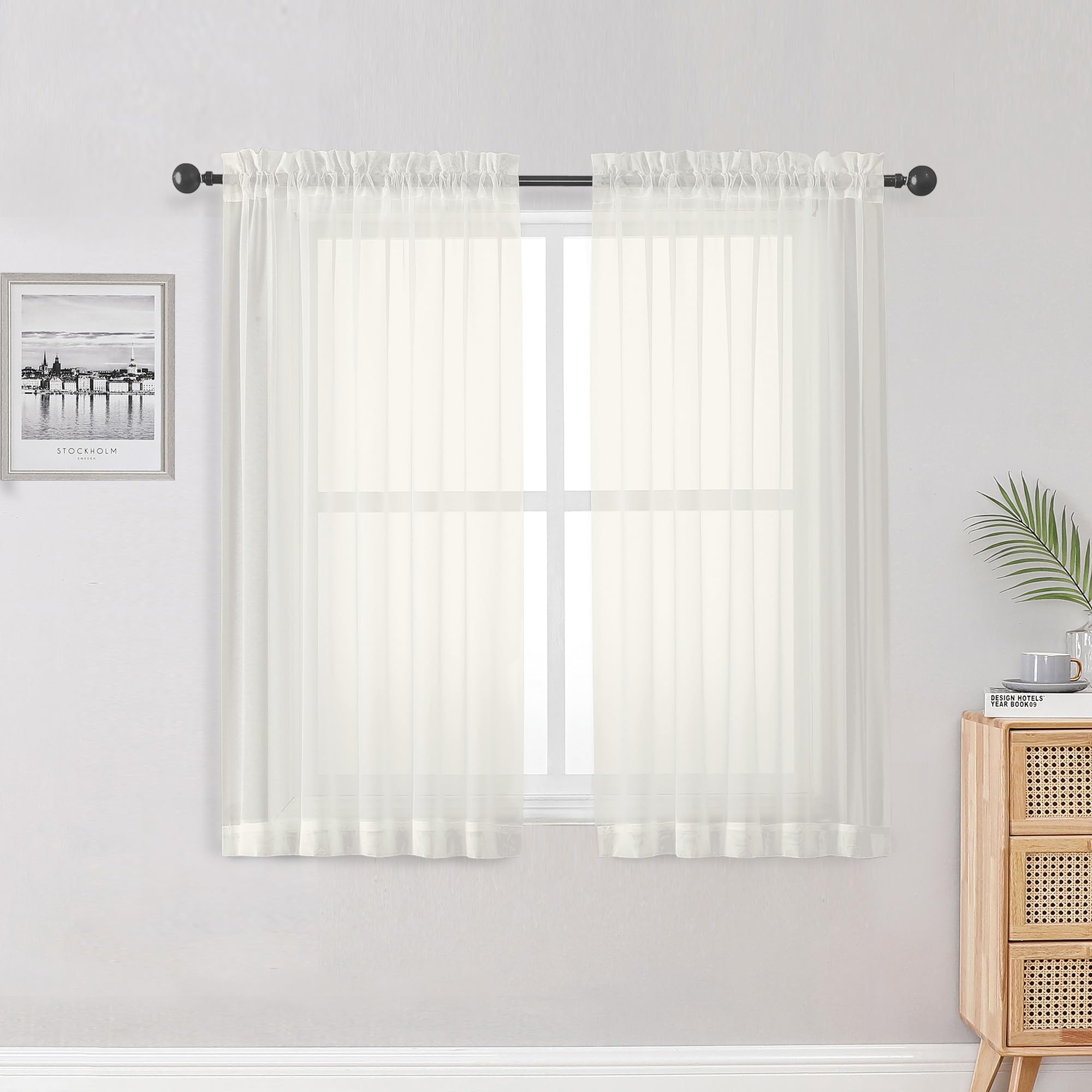 Sheer Ivory Curtains 84 Inch Length 2 Panels Set for Living Room Bedroom, Rod Pocket Voile Sheer Panel Drapes, Ivory, 2pcs, Each 42" W x 48" L