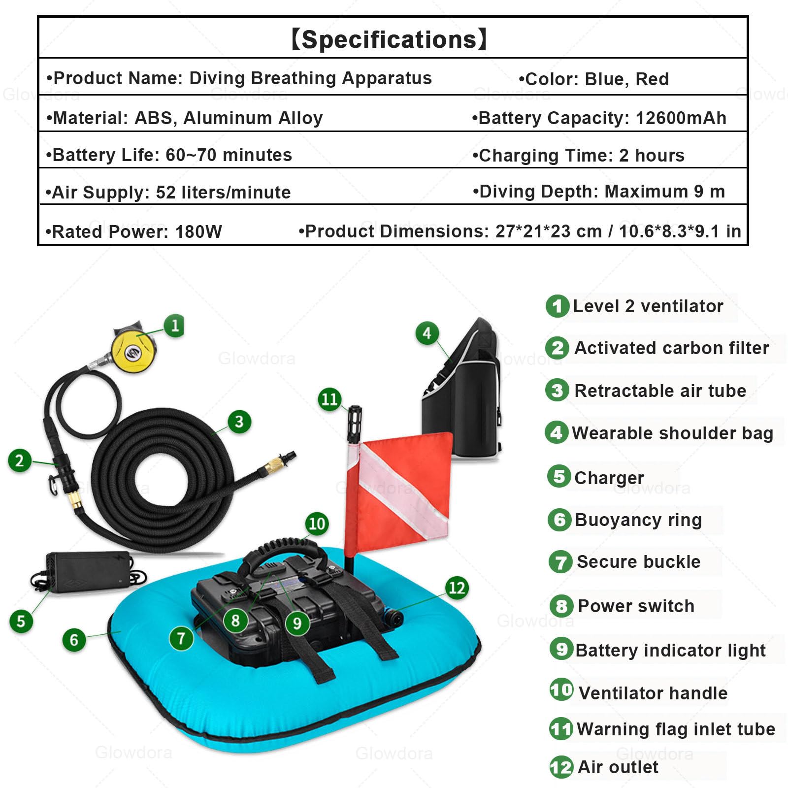 Sistemas de ventilación para Buceo Red | Equipo de buceo, bomba de aire flotante con tubo telescópico y regulador de respiración para snorkel subacuático.
