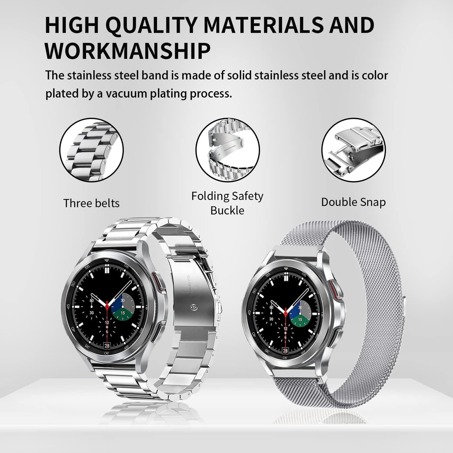 Kompatybilny z zegarkiem Samsung Galaxy Watch 7, 6, 5, 4, FE Band Pro Classic Active 2, 40 mm, 44 mm, 43 mm, 47 mm, 45 mm, 42 mm, 46 mm, 20 mm, 3, 41 mm, męski, damski, metalowy, elegancki, biznesowy