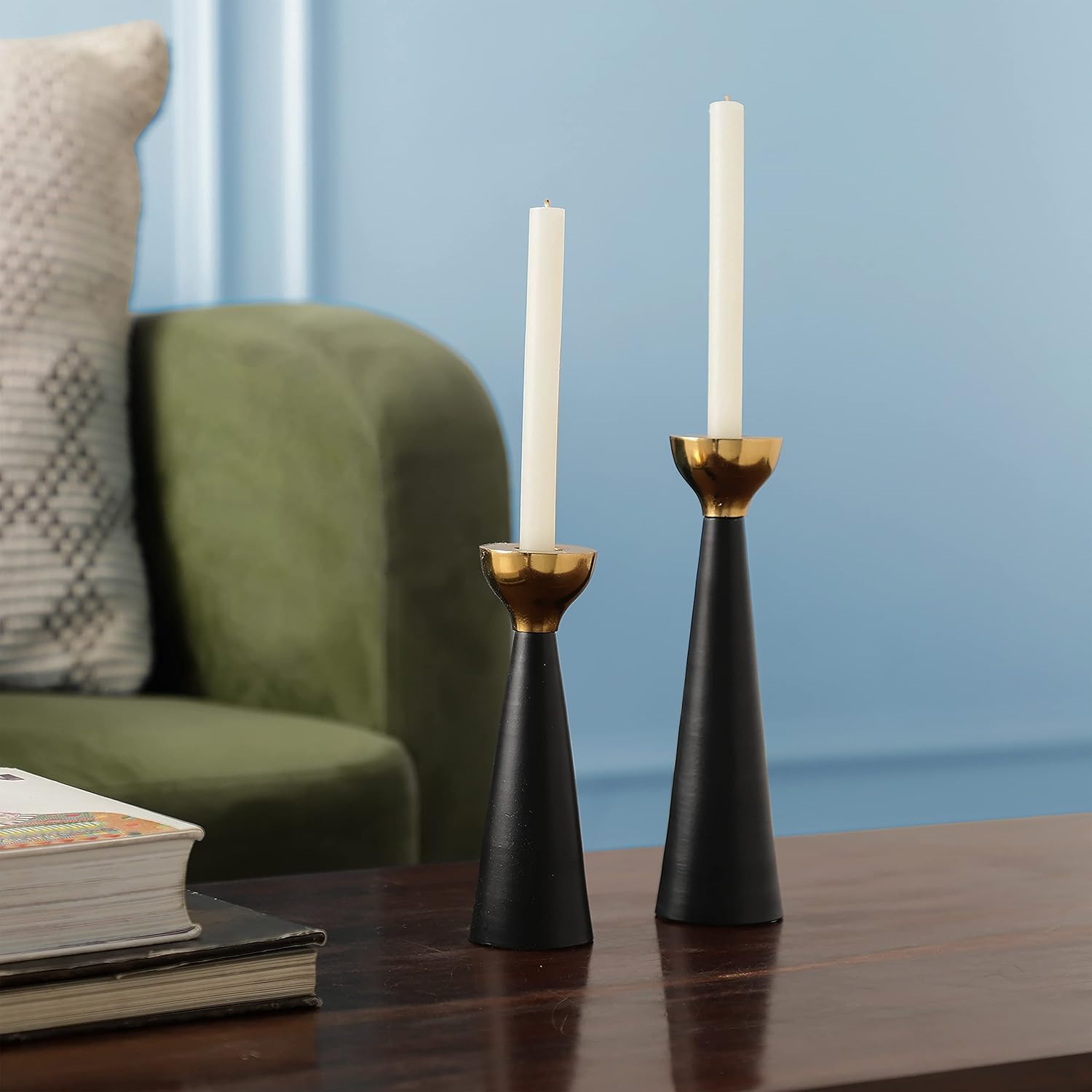 Rely+ Black & Gold Taper Candle Holders Set of 2 – Modern Metal Candlestick Holders for Dining Table Centerpiece, Home Décor, Wedding & Party Decorations