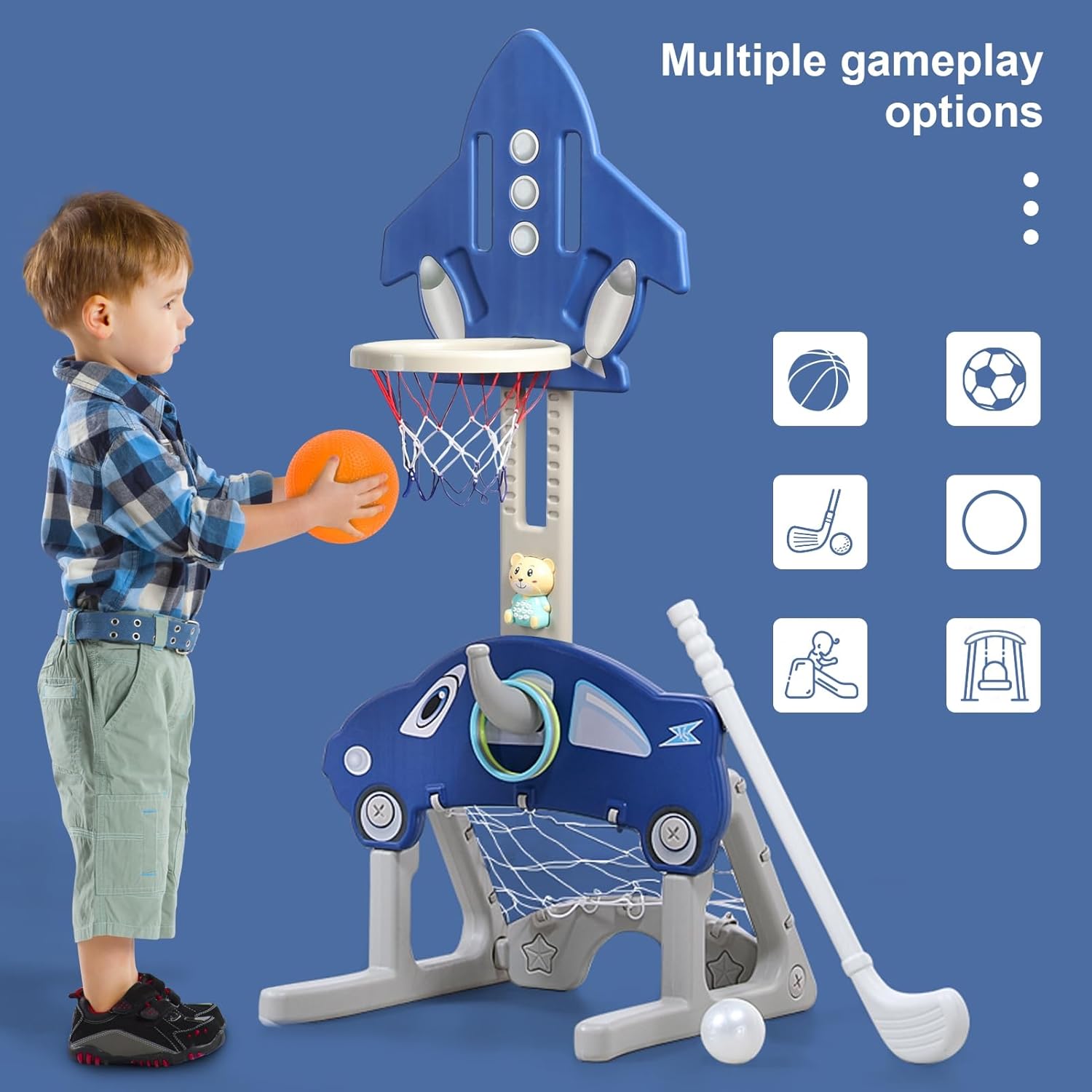 5 in1 Kids Slide and Swing Set, Baby Playground, Toddler Slide Indoor,Freestanding Baby Playground with Non-Slip Ladder, Slide, Swing, Basketball Hoop, Soccer Net & Ringtoss Set Blue