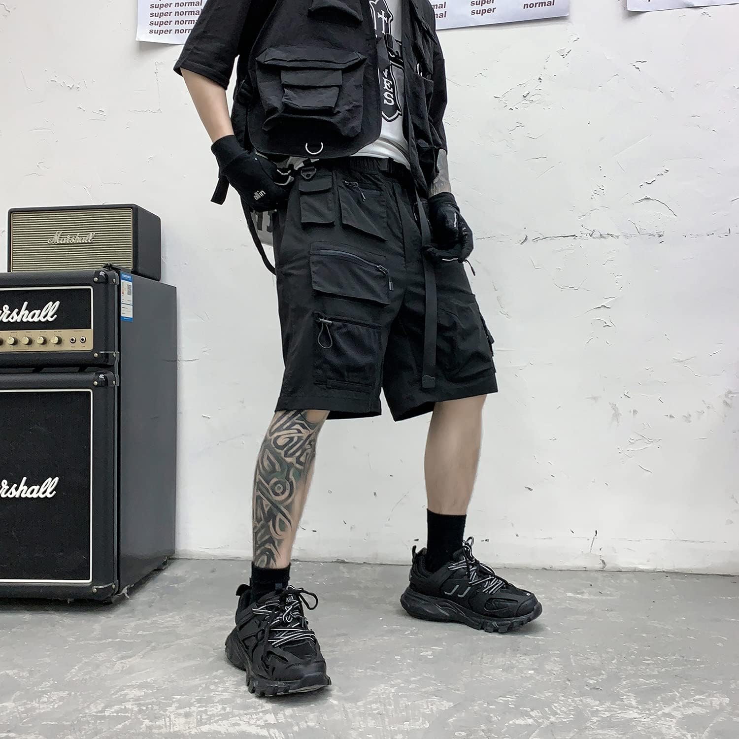 MOKEWEN Men's Women Punk Complex Multi Zipper Pockets Techwear Jogger Cargo Shorts