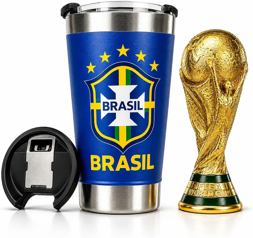 Copo Térmico Brasil 473ml com Abridor Inox Isolamento a Vácuo | Copo Cerveja Copa do Mundo Rumo ao Hexa | Copo Térmico Gelado e Quente