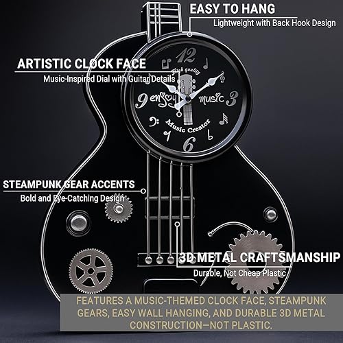Miniatura 5 de Reloj de pared de guitarra de metal, decoración musical para amantes de la música, guitarristas de 16 pulgadas, profesores de música, estudio,