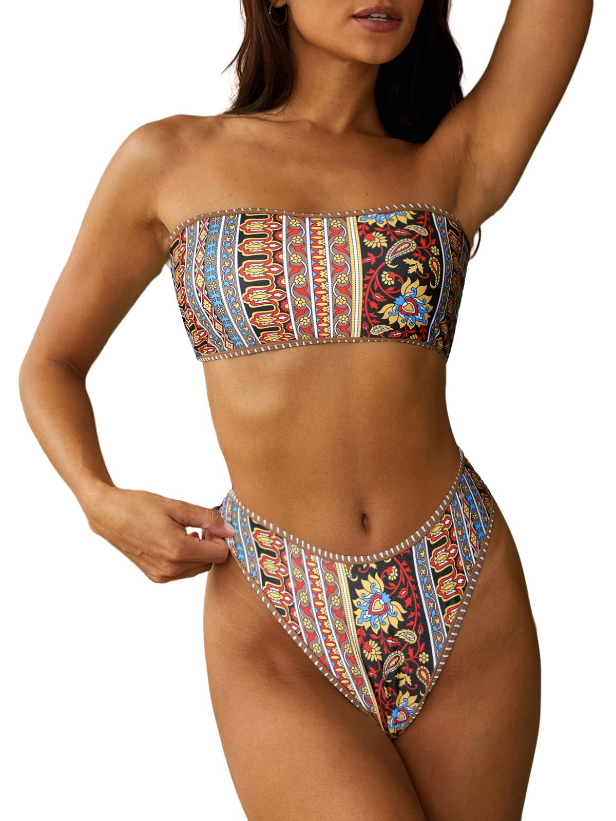 ZAFUL Women Strapless Textured Bandeau Bikini 2 Piece Swimwear Cheeky Solid Lace up Bathing Suits(3-Brown Print,L)