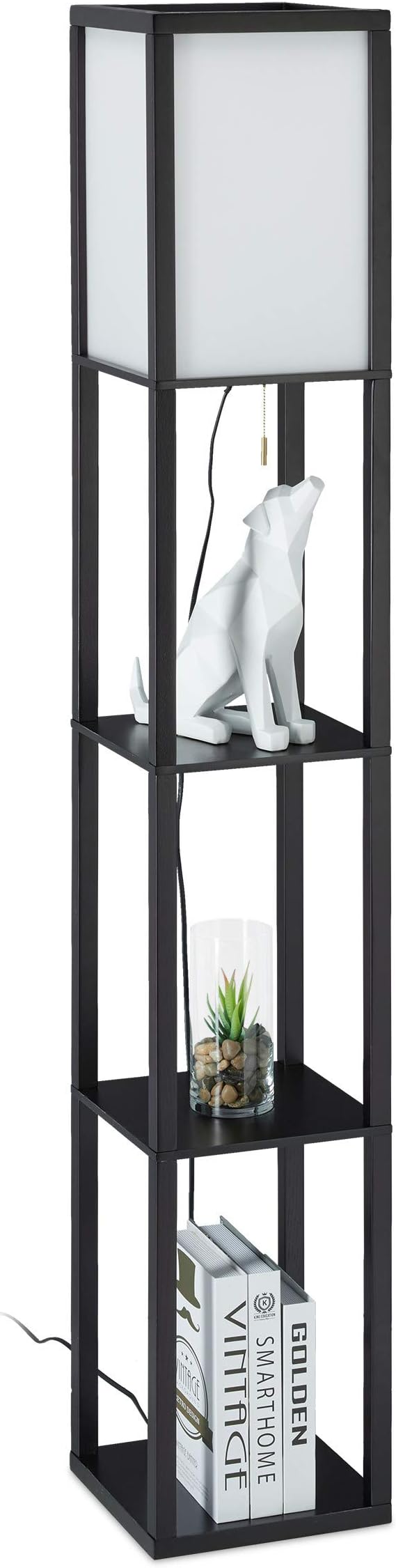 Relaxdays Relaxdays vloerlamp met legplanken, HBD: 161 x 26 x 26 cm, E27, hout & acryl, modern design, chique staande lamp, zwart