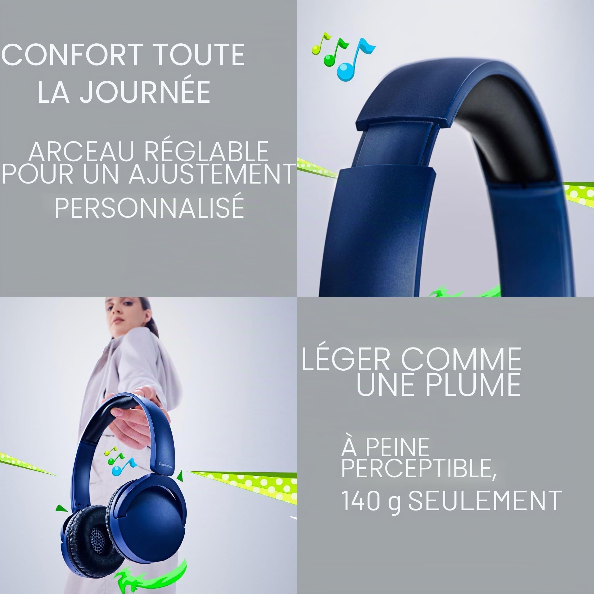 Panasonic HF630, Casque Audio sans Fil Supra-auriculaire, Micro Intégré, Bluetooth 5.3, Multipoint, Design Pivotant, jusqu'à 72 Heures d'Autonomie, USB-C, Bleu