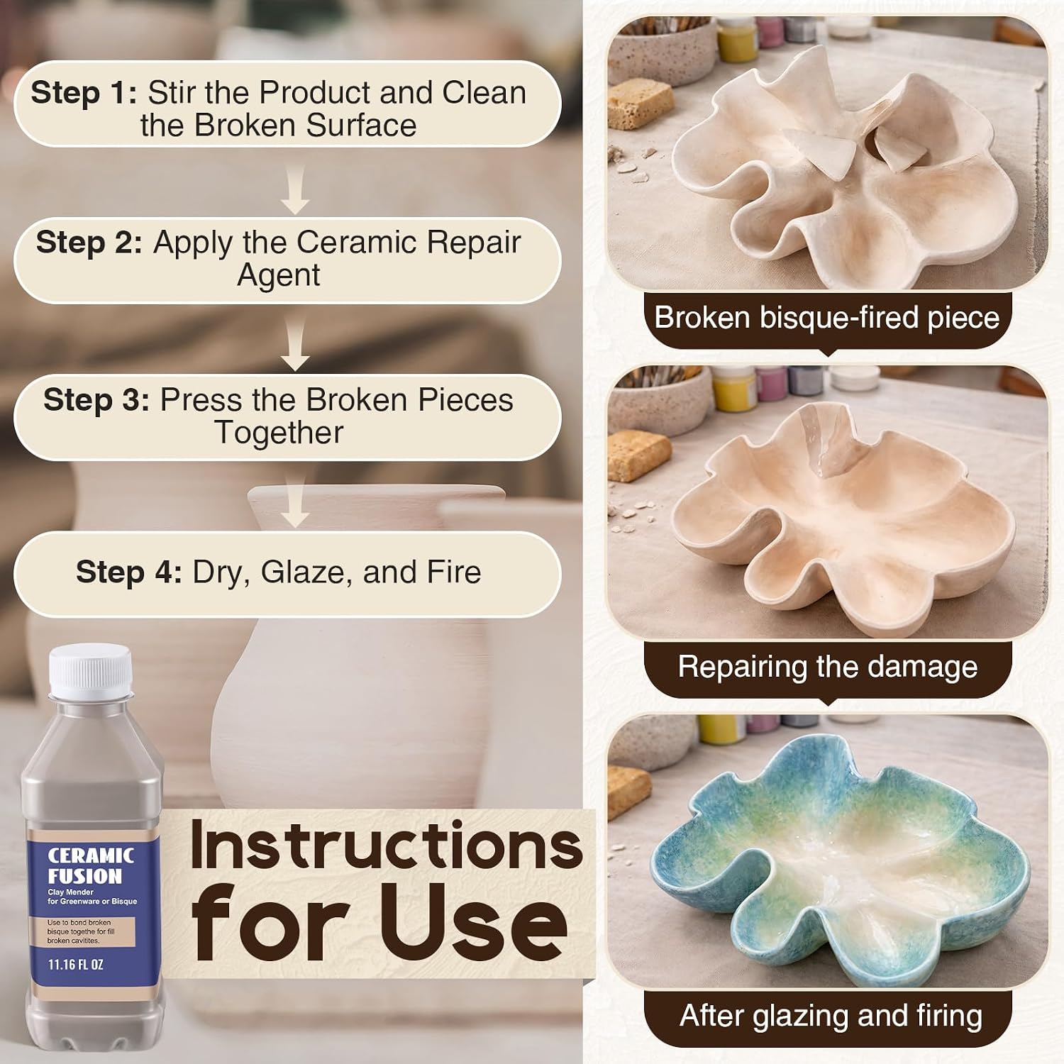 Lounsweer 11.16 FL OZ Bisque Fix for Clay & Bisque, Repairs Cracks & Restores Ceramic Clay, Strong Repairs and Bonding for Handles & Accessories