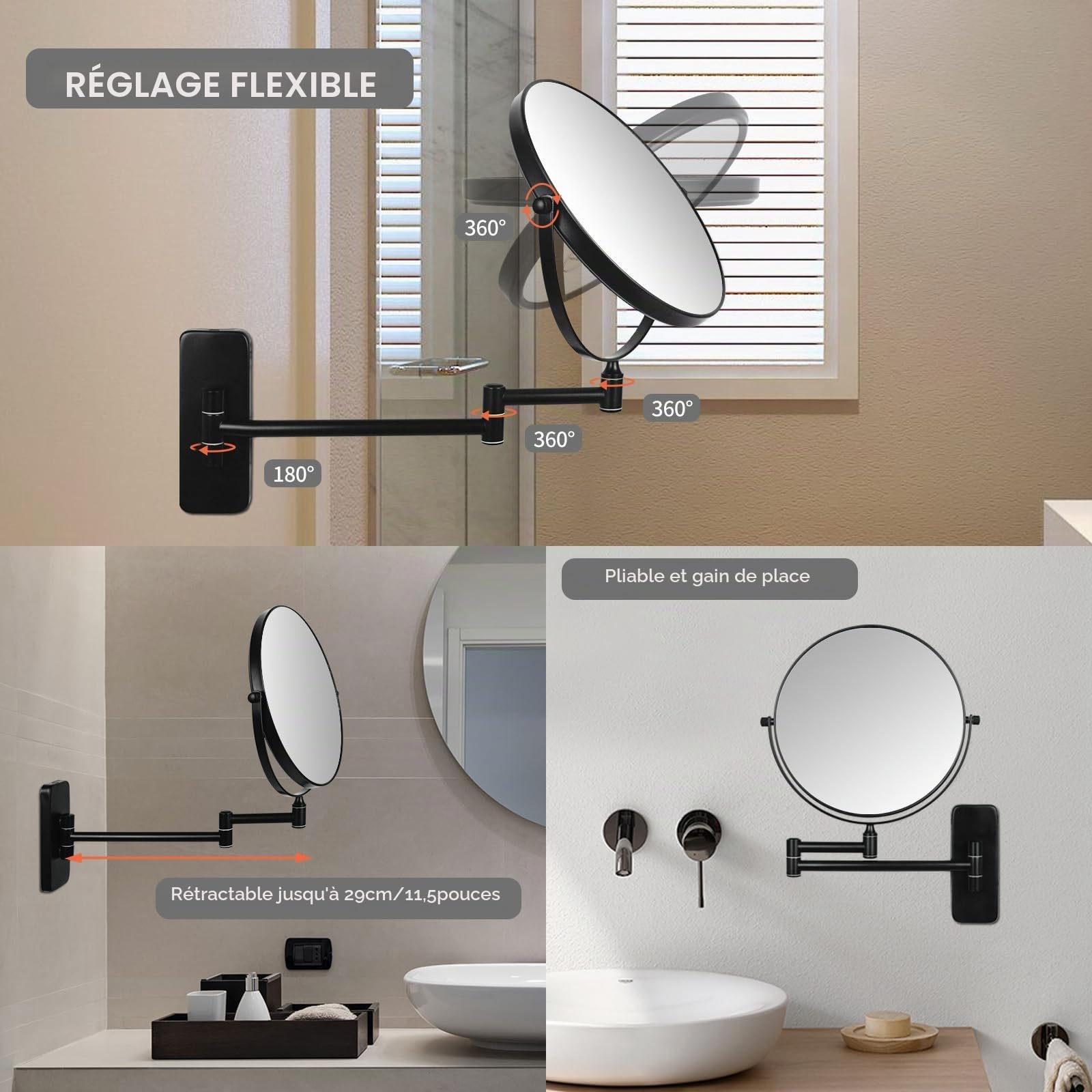 Nicesail Miroir cosmétique mural avec grossissement 5X pour salle de bain - Noir - Pivotant à 360° - Miroir double face - Extensible - Miroir de rasage - Montage mural - Diamètre 20 cm