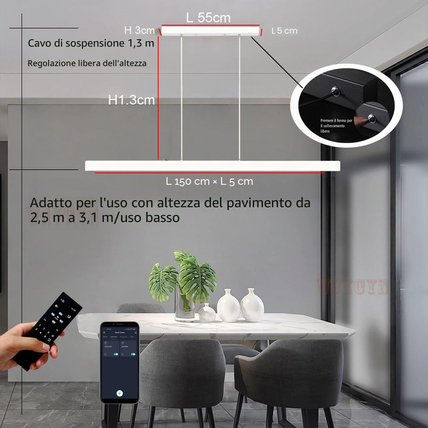 Moderno LED pendente Tavolo da pranzo Dimmerabile Materiale acrilico Lampada a sospensione Lampada da sala da pranzo Design lineare Lampadario con telecomando per ristoranti Ufficio L150cm 60W Bianco