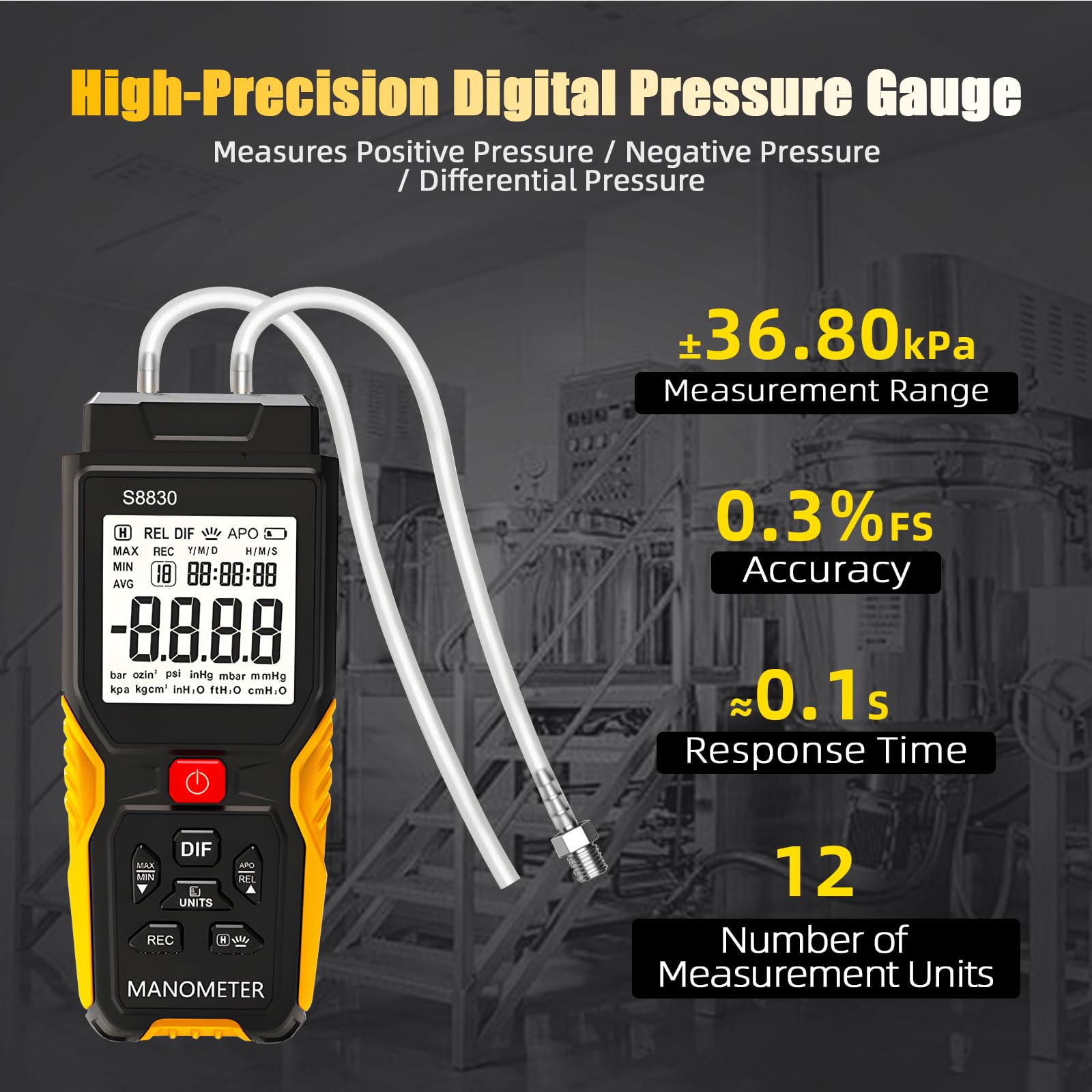 Manómetro digital de presión diferencial GR-T9-S8830, probador de presión profesional de doble puerto, medidor de presión retroiluminado LCD para aplicaciones de prueba de tuberías de gas natural