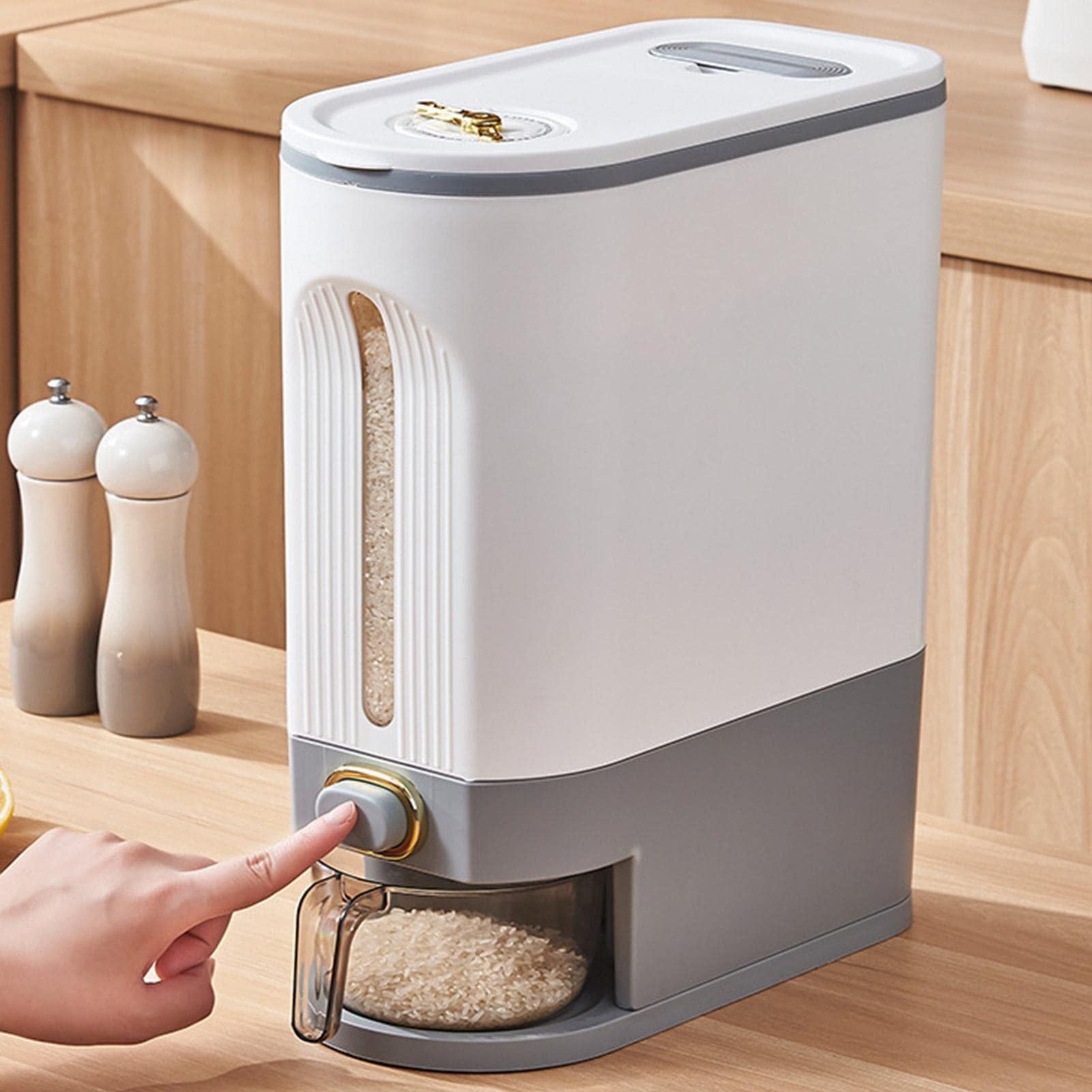 Contenedor de arroz,Dispensador de arroz sellable Contenedor de grano sellado grande Dispensador de alimentos,organización de cocina con indicador de tiempo,taza medidora para cocina,maíz,Gris
