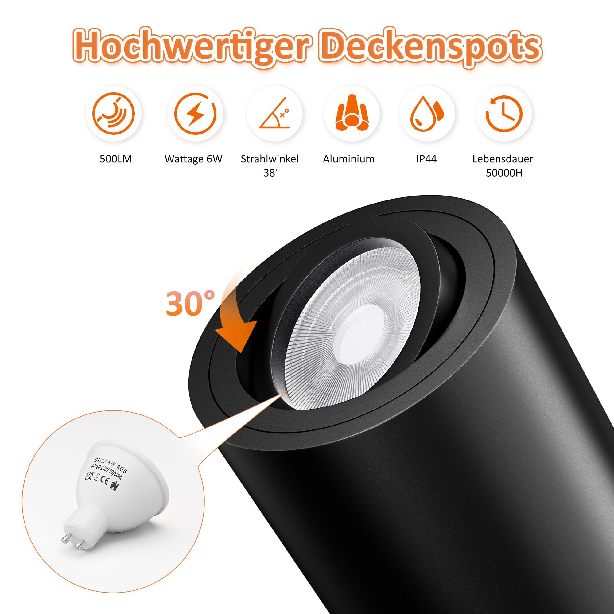 4 Stück LED Aufbauspot RGBW & Dimmbar, Deckenspot mit GU10 Fassung | Deckenstrahler 30°Schwenkbar 230V 6W RGB Kaltweiß 6500K, Aufbaustrahler mit Fernbedienung Aluminium Aufputz Spots