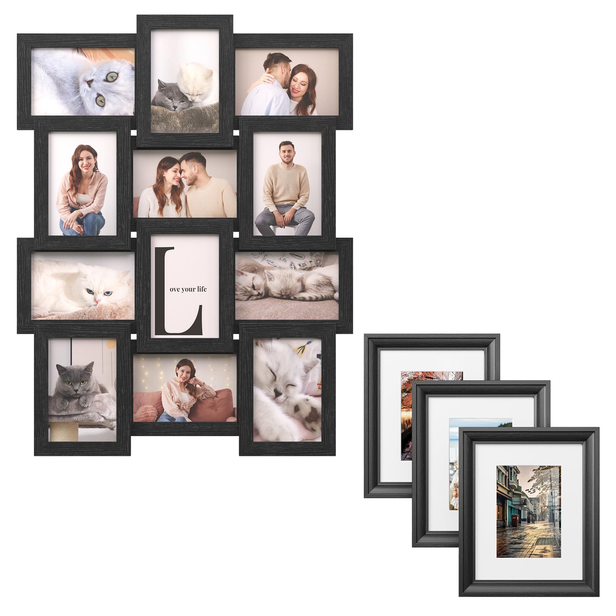 SONGMICS 4x6 Collage Picture Frames Bundle and Set of 10 Picture Frames, Hanging or Tabletop Display, Multi Family Photo for Gallery Decor, MDF and Glass, Ash Black URPF049B01 and URPF26BK
