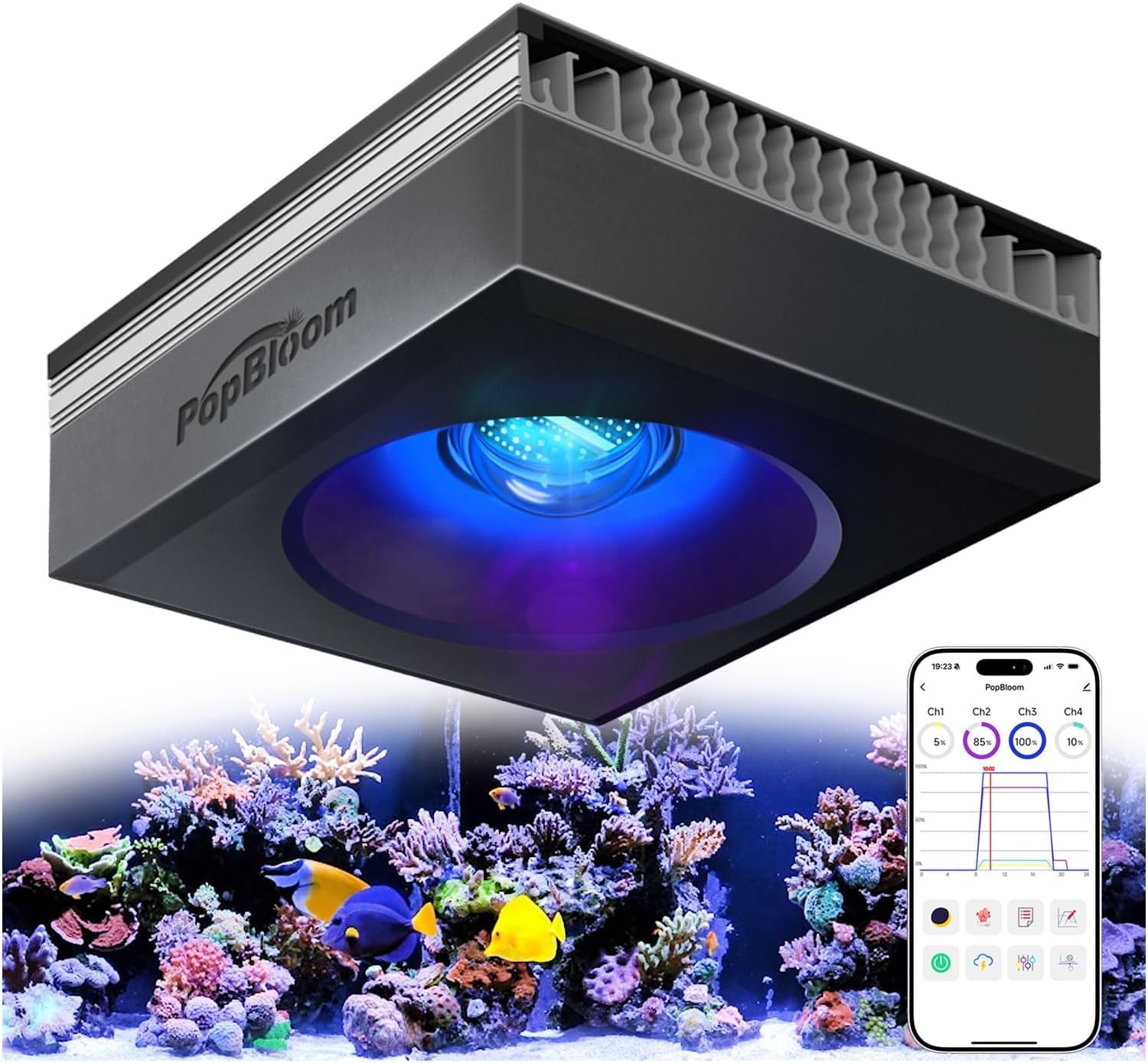 PopBloom RL115 WiFi Éclairage LED Pour Aquarium Récifal 120W, APP Programme Rampe LED Aquarium Eau de Mer Spectre Complet pour Aquarium de Corail, L'APP prend en charge le français