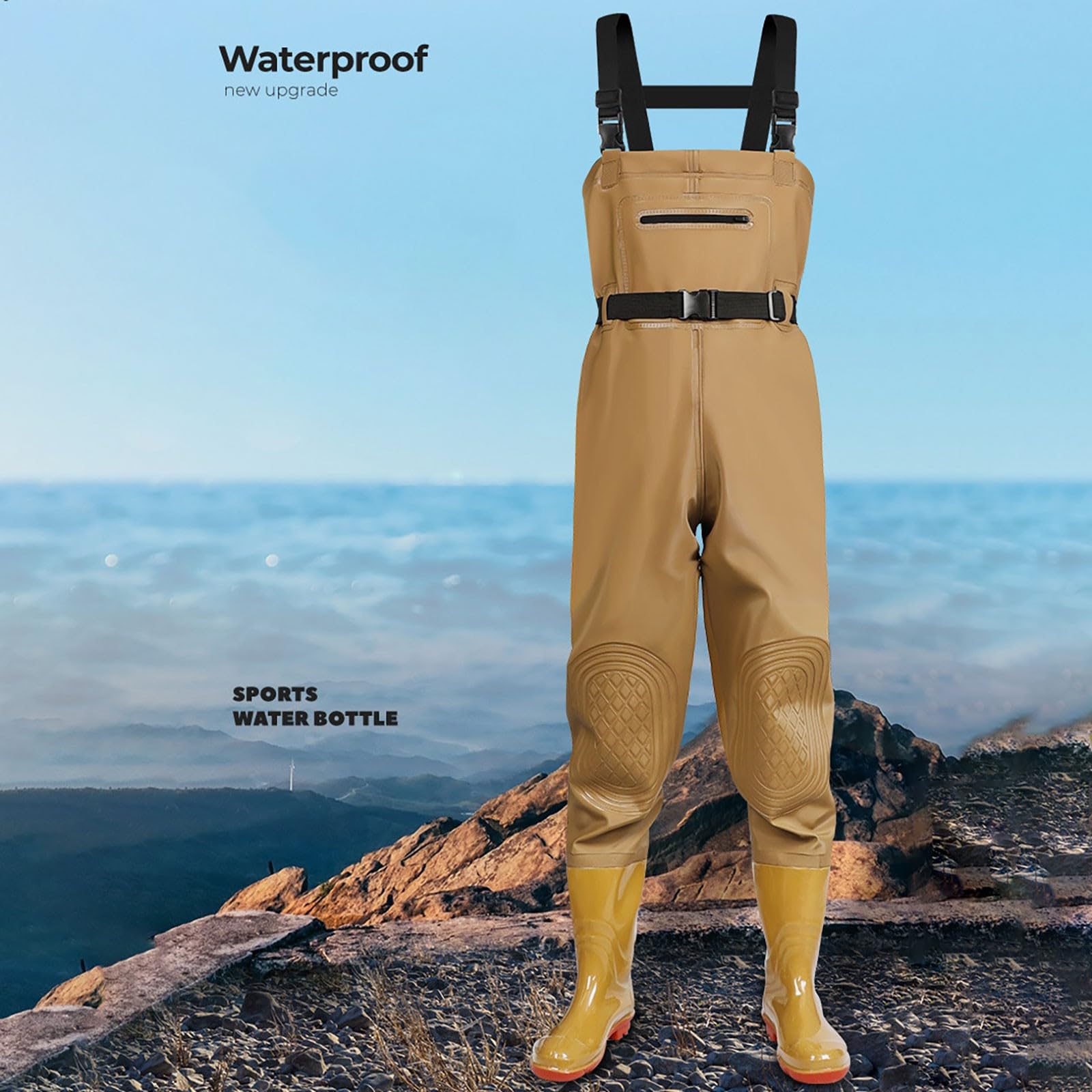 Pantalones de vadeo impermeables para hombre con botas - Pantalones largos de trabajo para hombre con bolsillos, pantalones de peto de color sólido, impermeable, mameluco ajustable para pesca, granjas