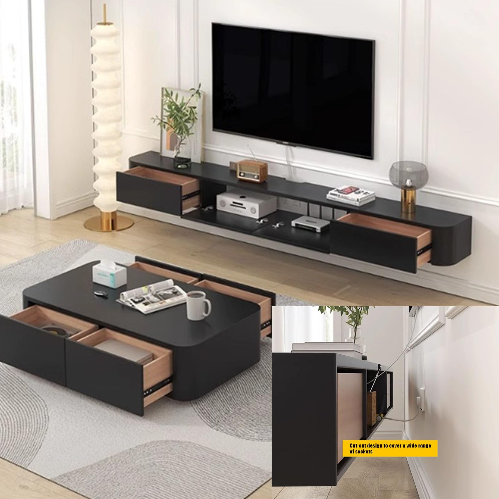 Schwimmende TV-Konsole, Wandhalterung, TV-Ständer mit Multi-Staufach für Wohnzimmer und Schlafzimmer, großer TV-Schrank in Schwarz (140 x 20 x 24 cm)