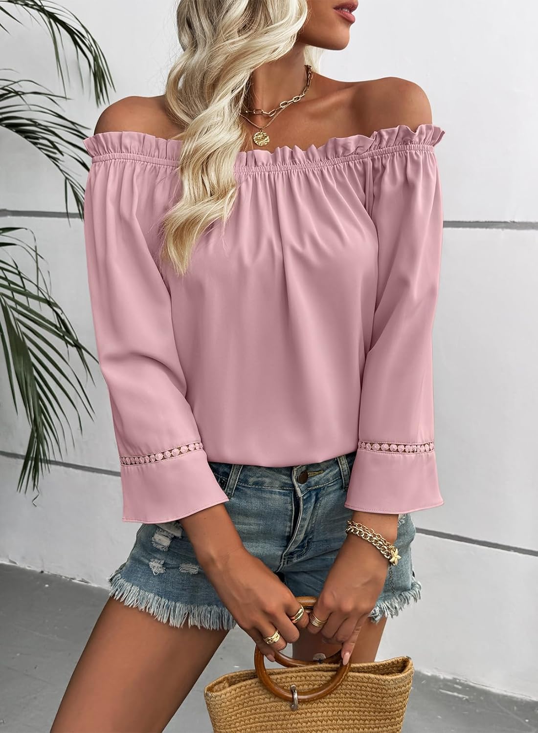 EVALESS Womens Tops Off The Shoulder Blouses for Women Dressy Casual Cute 3/4 Ruffle Sleeves T Shirts Fashion 2026 - Image 2