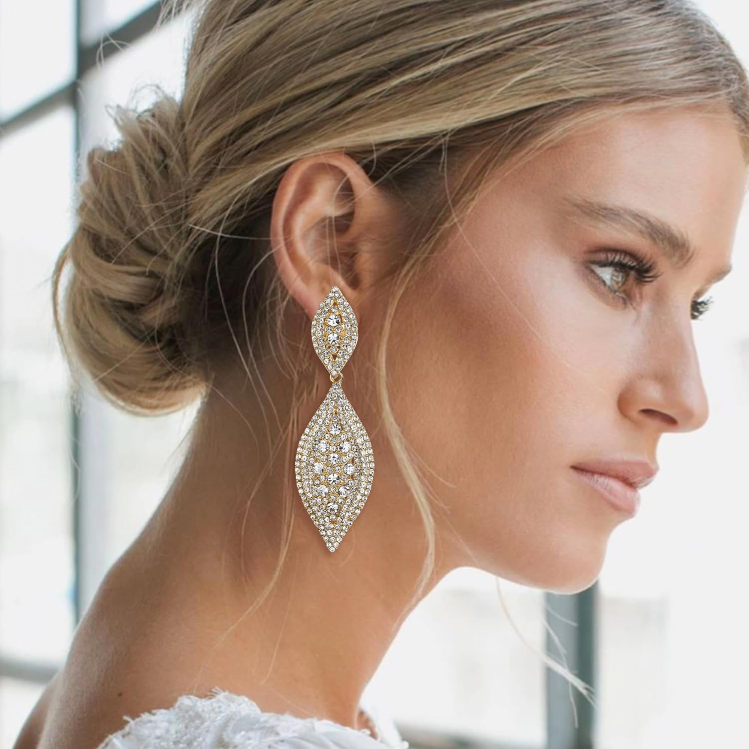 Flyonce Women's Rhinestone Crystal Wedding Bridal 2 Leaf Drop Dangle Chandelier Earrings - Image 2