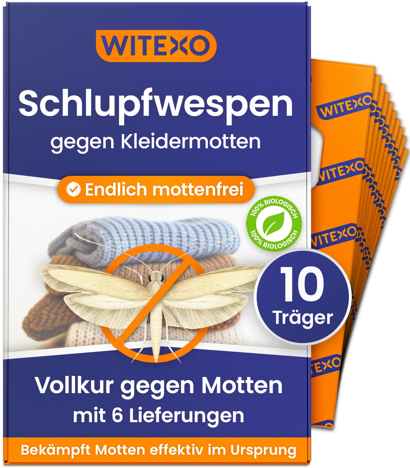 Witexo Schlupfwespen gegen Kleidermotten - Vollkur 6 Lieferungen je 10 Träger über 12 Wochen - Mottenschutz für Kleiderschrank