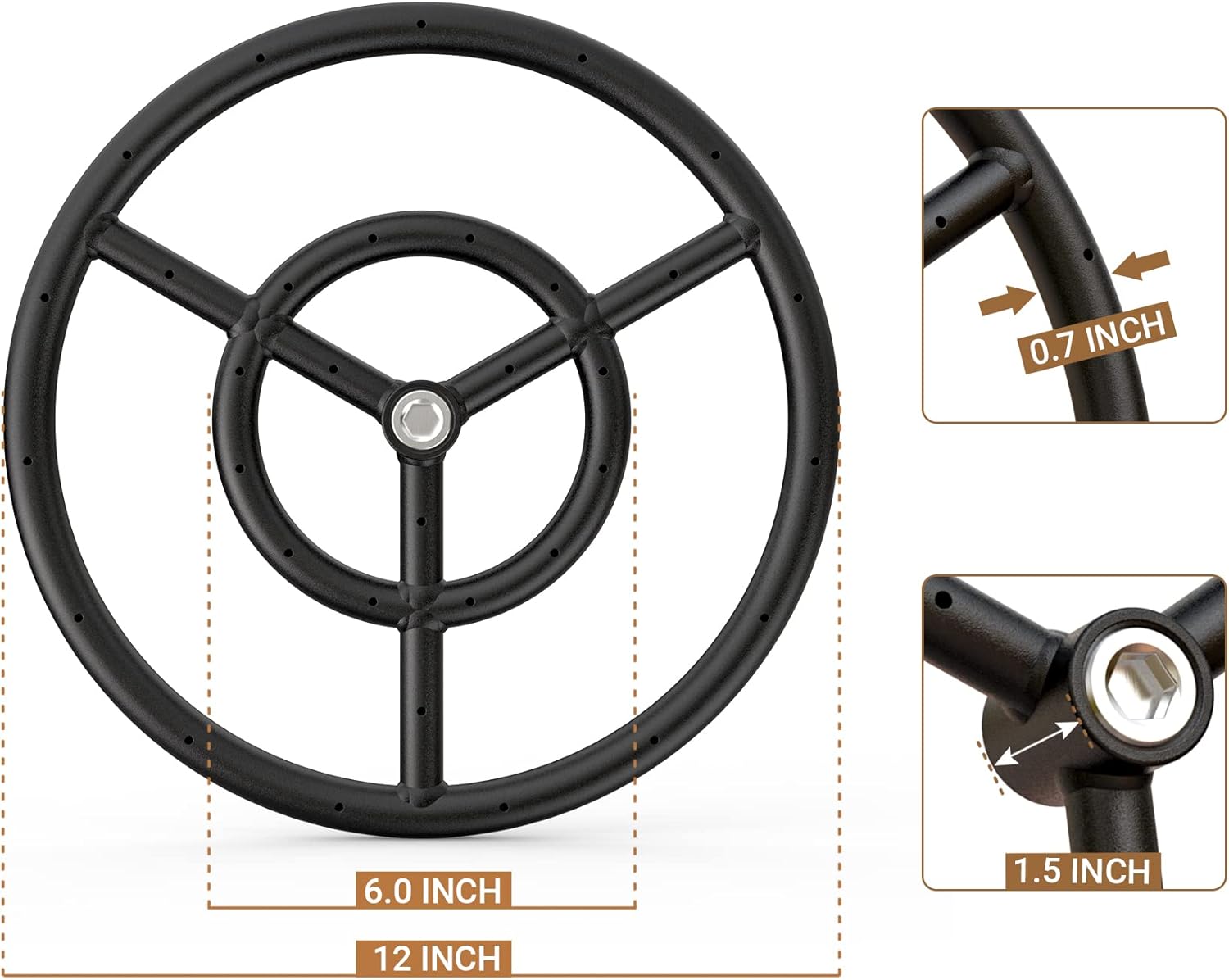 onlyfire 12 Inch Round Fire Pit Burner Ring for Natural Gas & Propane Fire Pit and Fireplace, Alloy Steel DIY Firepit Burner for Both Indoor and Outdoor, BTU 92,000 Max