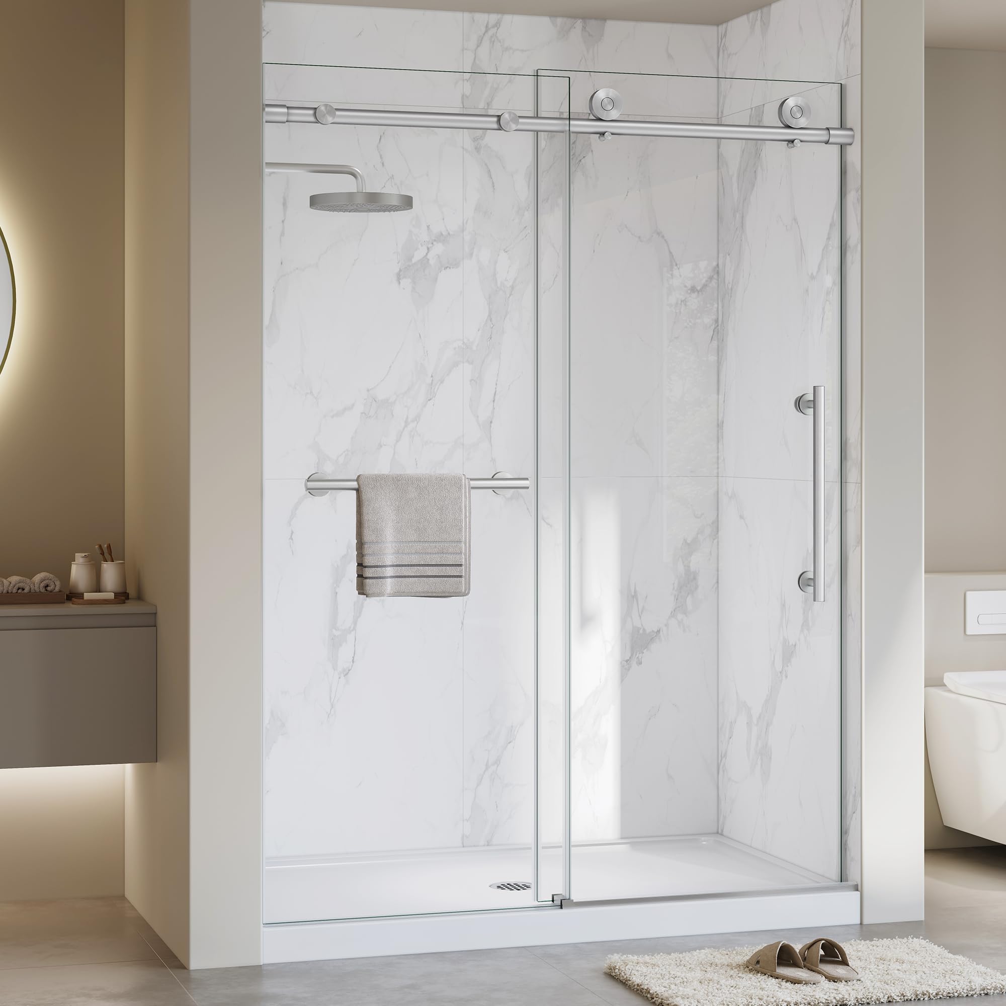 Photo 1 of ***TOP BAR IS 55 INCHES*** Frameless Shower Door,5/16" (8mm) Glass Sliding Shower Door with Soft-Close & Anti-Leak,Nano Coating Anti-Explosion Film SGCC Tempered Glass 55"-60" X 76"H,Brushed Nickel