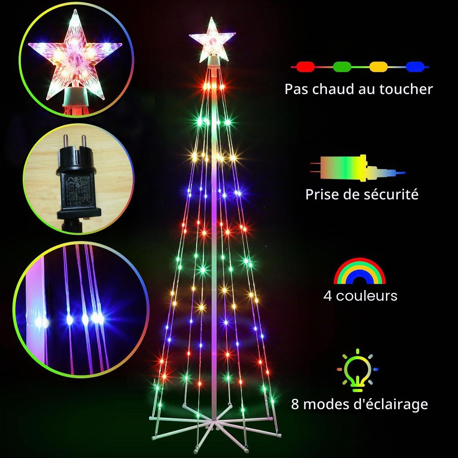 Lumière de sapin de Noël de 1,8 m avec étoiles - Éclairage LED - 8 modes d'éclairage - Étanche à intensité variable - Pour l'intérieur et l'extérieur - Décoration de Noël (180 cm)
