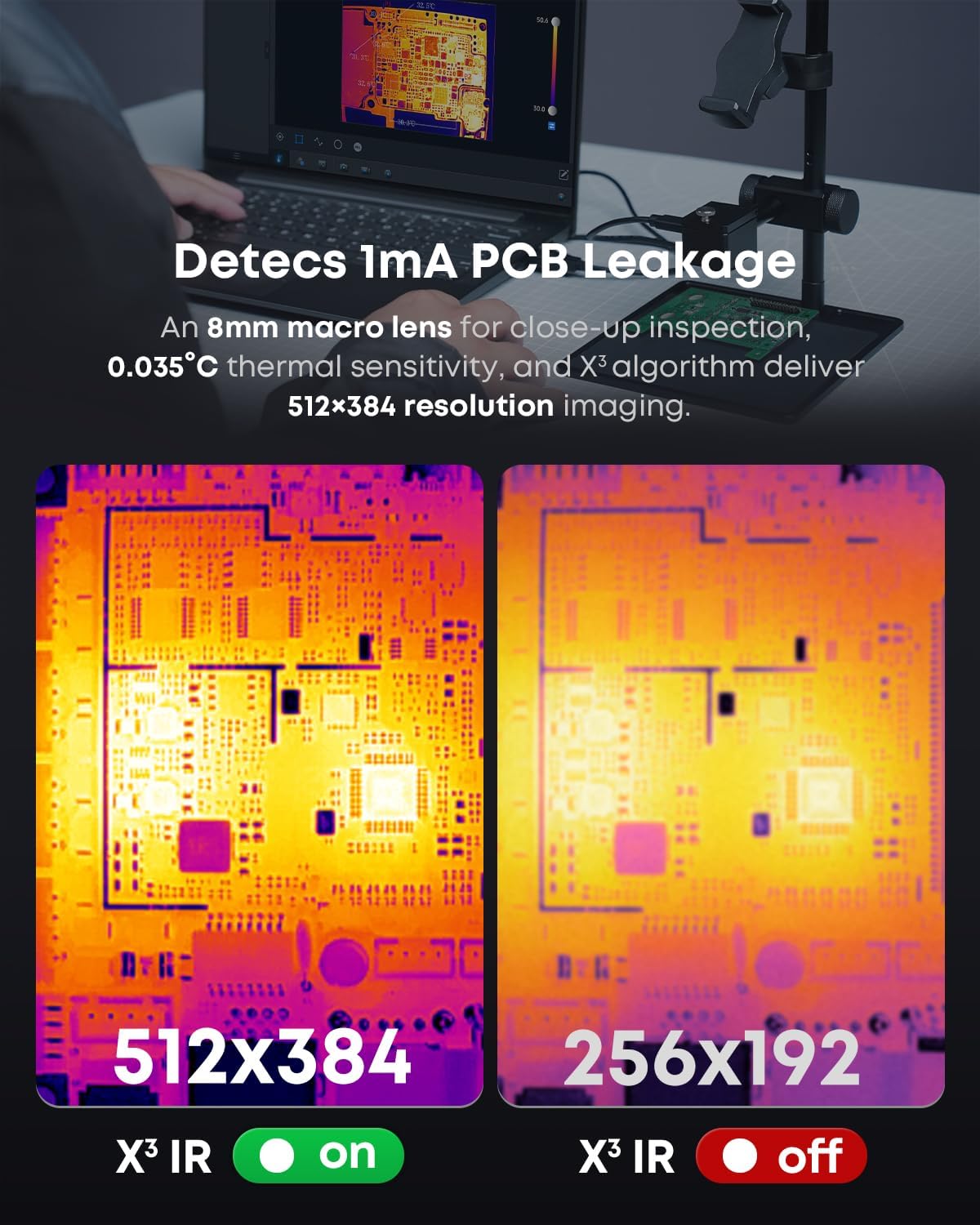 Comparison of thermal images showing 512x384 resolution with X³IR on versus 256x192 resolution with X³IR off, highlighting the enhanced detail for PCB inspection.