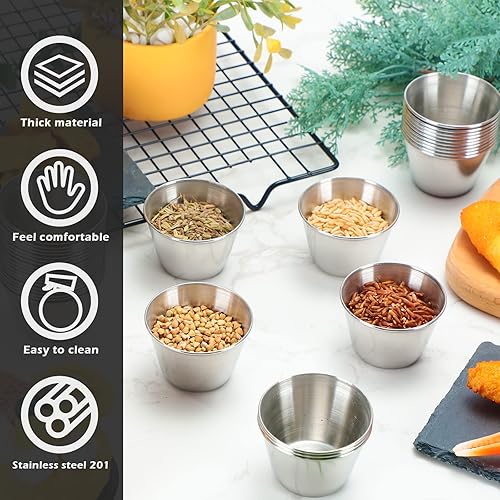 Miniatura 5 de Mimorou 100 moldes de metal de 2.5 onzas para salsa de acero inoxidable, recipientes de salsa a granel, cuencos redondos, tazones de condimento para