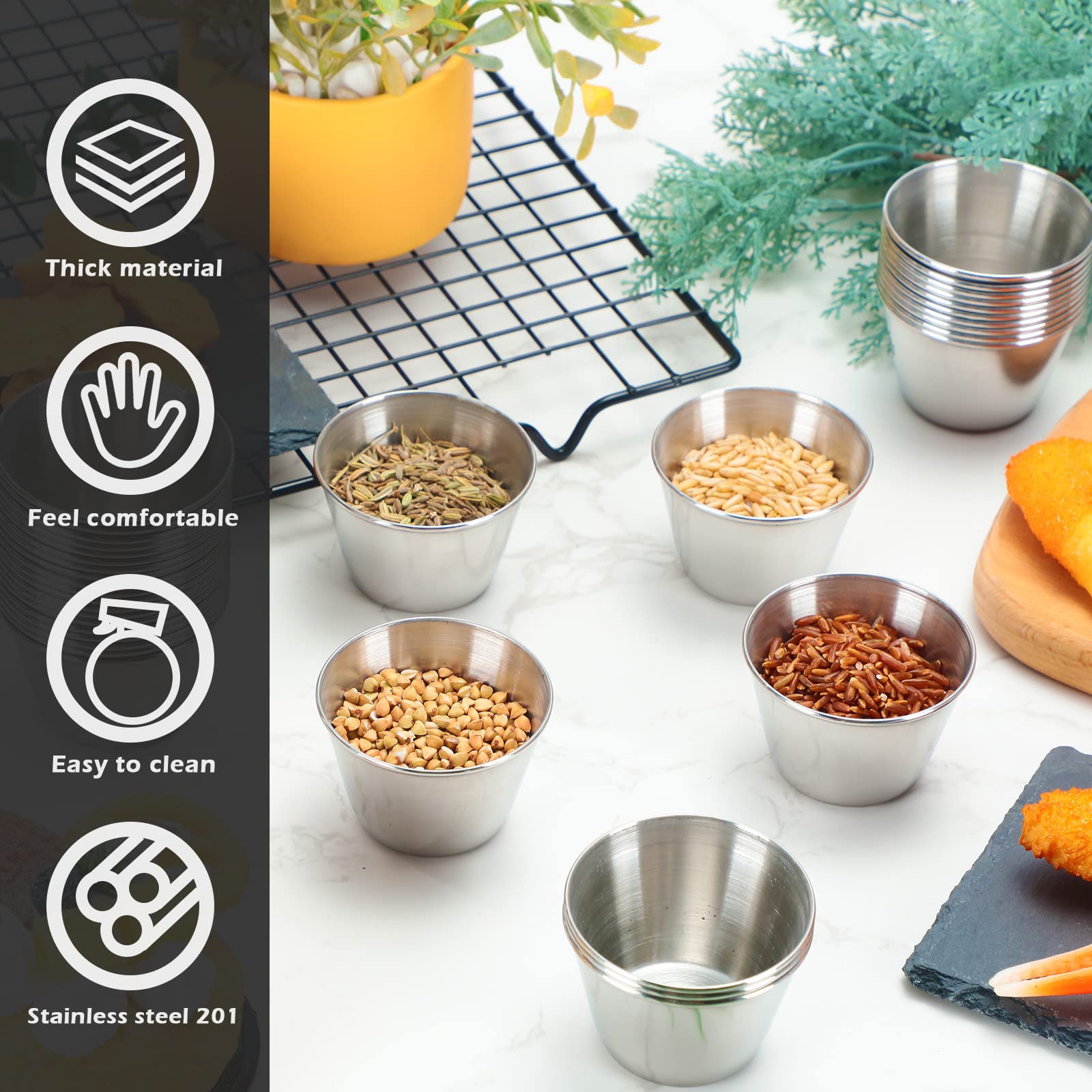 100 tazas de salsa de acero inoxidable de 1.5 onzas, tazas de inmersión para condimentos mentales, recipientes redondos para salsa, cuencos de condimentos para platos, mantequilla, cocina,