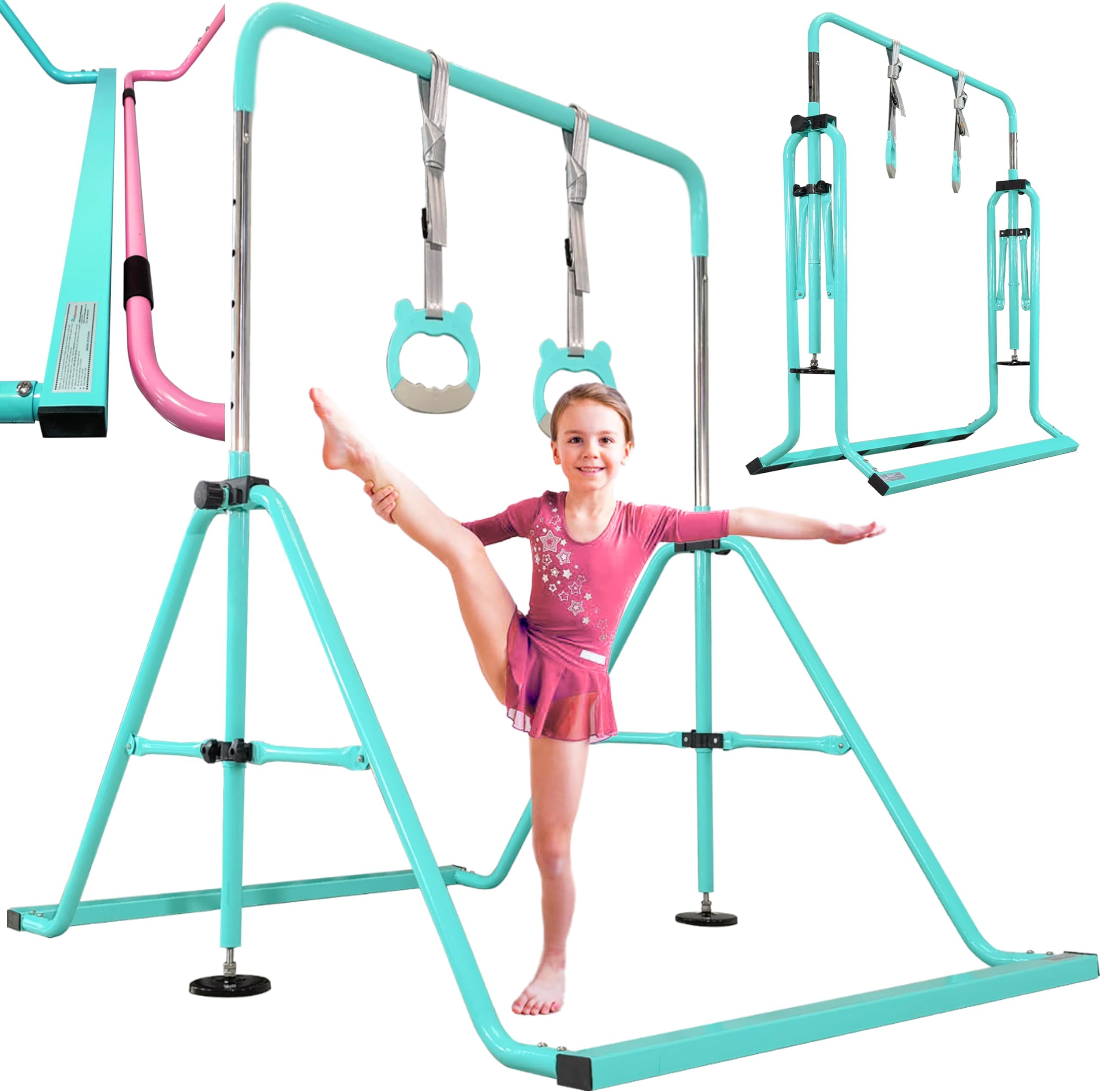 Updated Folding Gymnastics Bar with Rings, Foldable Kip Bar with Sturdier Base, Gymnasitc Training Bar for Kids Ages 3-10, Gymnastic Horizontal Bars, Home Gym Equipment for Boys Girls