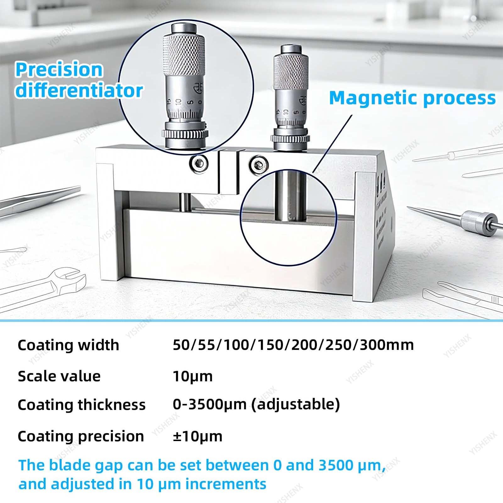 Aplicador De Recubrimiento De Película Para Laboratorio, Raspador Profesional, Diseño Magnético, Ajustable De 0 a 3500 μm, Precisión De ±10 μm, Para Recubrimiento De Placas De Vidrio Y Metal(250mm)