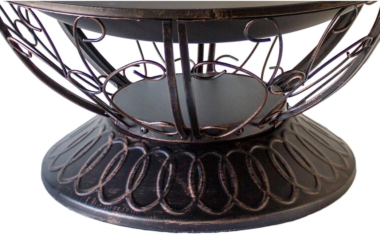 Hiland FT-022 Wood Burning Fire Pit w/Wood Grate and Domed Mesh Screen Lid w/Poker Included, Round, Antiqued Black
