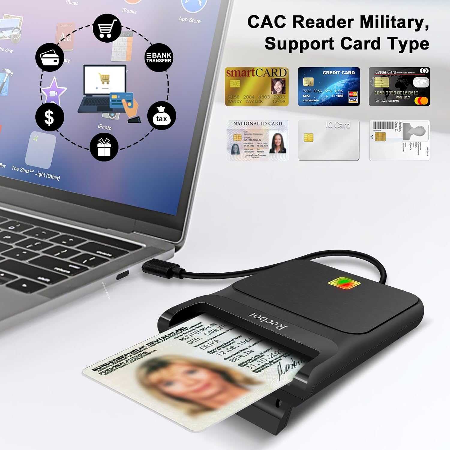 Recbot CAC Reader USB C, CAC Reader Military USB C, Smart Card Reader Common Access CAC Card Reader Military, Compatible with Windows, Mac OS and Linux