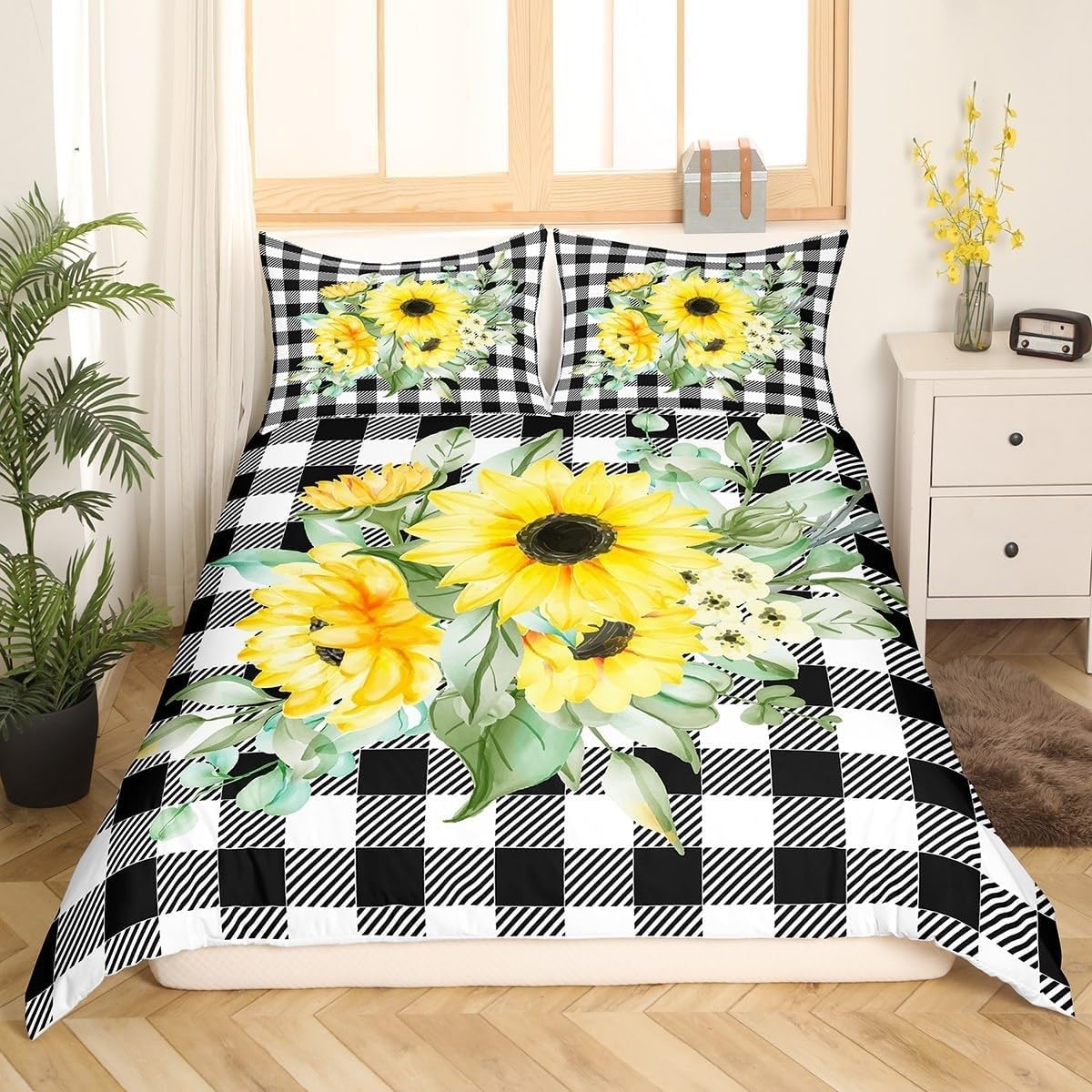 Housse de couette 220x240 facile à enfiler en microfibre résistante motif tournesol pour adulte