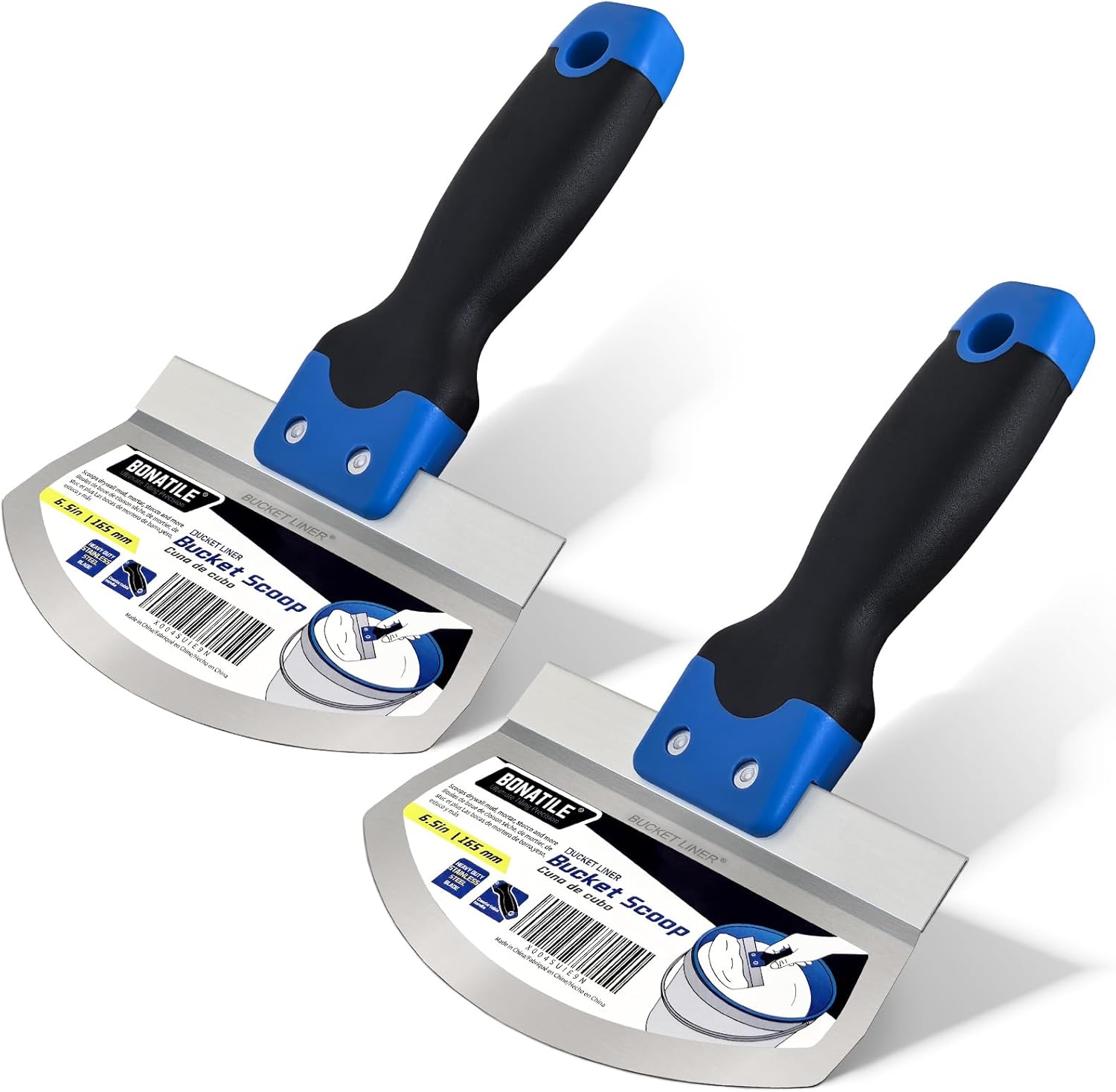 2Pack Fishark 6.5" Curved Bucket Scoop, Stainless Steel Tool for Drywall & Plaster, Rustproof Contoured Blade, Soft-Grip Handle, Multipurpose Scoop & Scraper for Paint, Mortar, Spackling