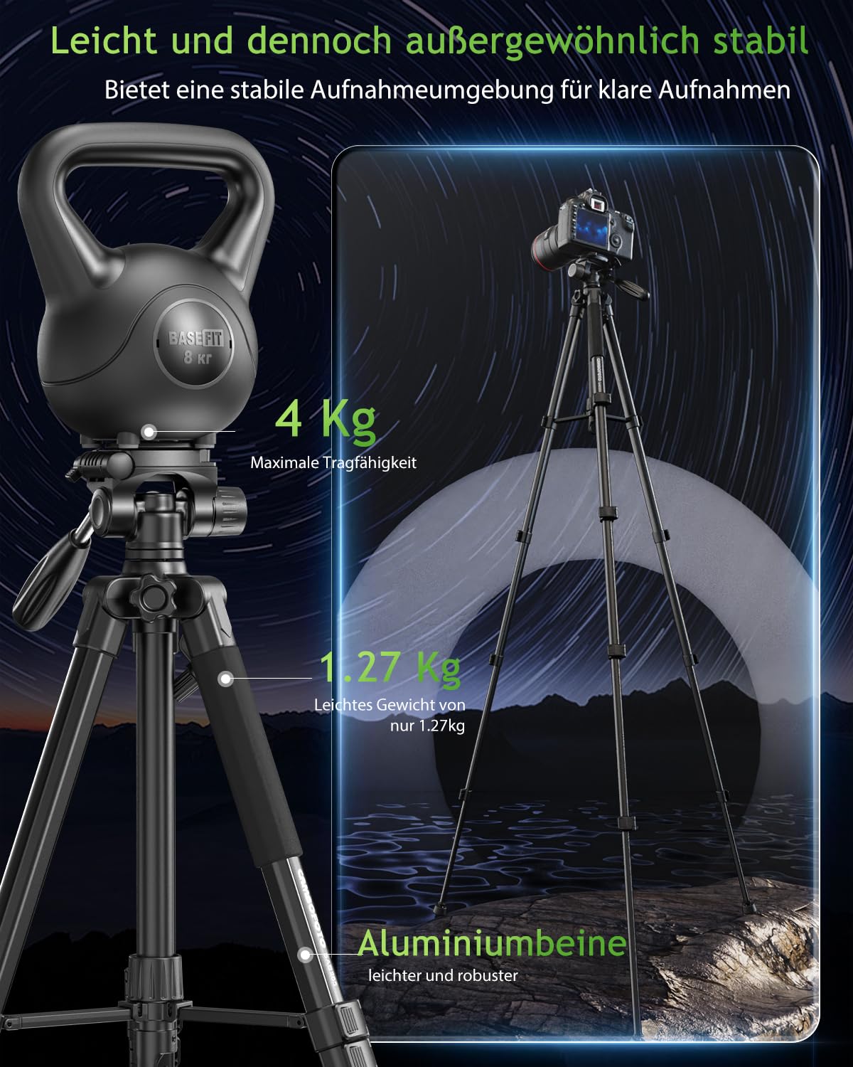 CAMBOFOTO 74" Aluminium Kamerastativ mit 360° Kugelkopf, 1/4 Schraubbefestigung, 4kg Belastbar, Schwarz