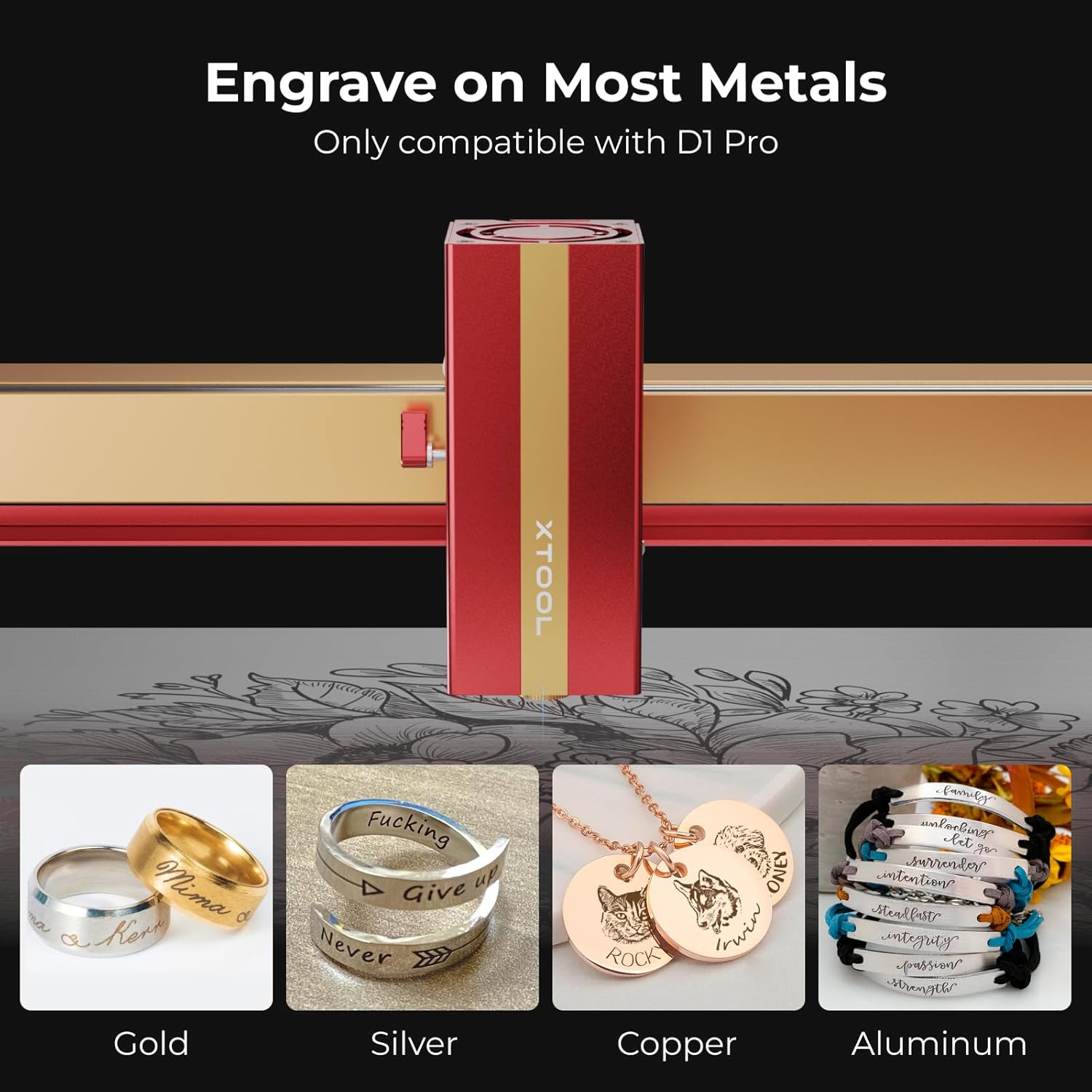 xTool 1064nm Infrared Laser Module engraving on various metals like gold, silver, copper, and aluminum.