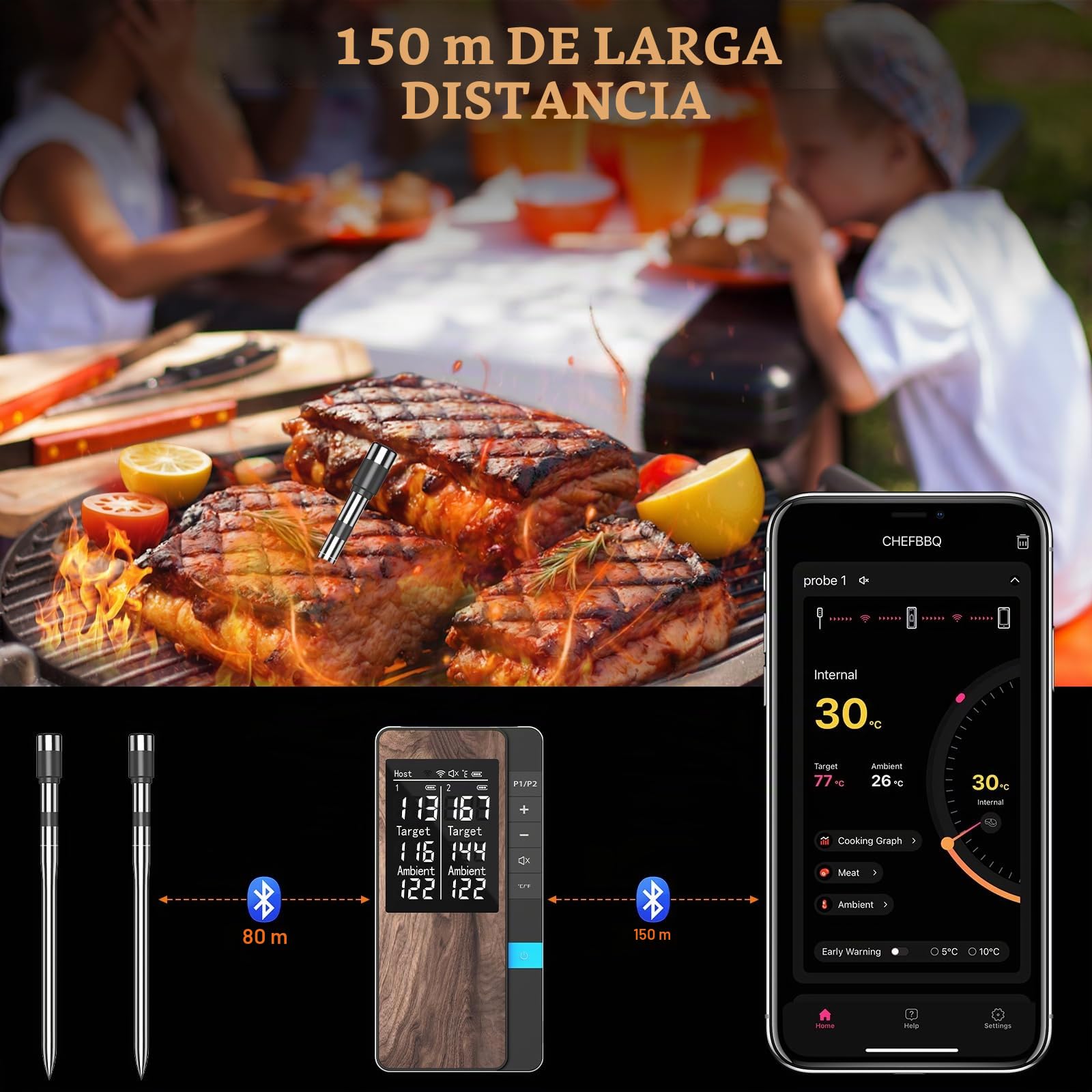 Termometro Cocina Paquete de 2, Pakinui Termometro Digital Cocina Inalámbrico con Aplicación, IP67 a Prueba de Agua Meat Thermometer, Termometro Carne para BBQ, Horno, Grill, Cocina, Asador
