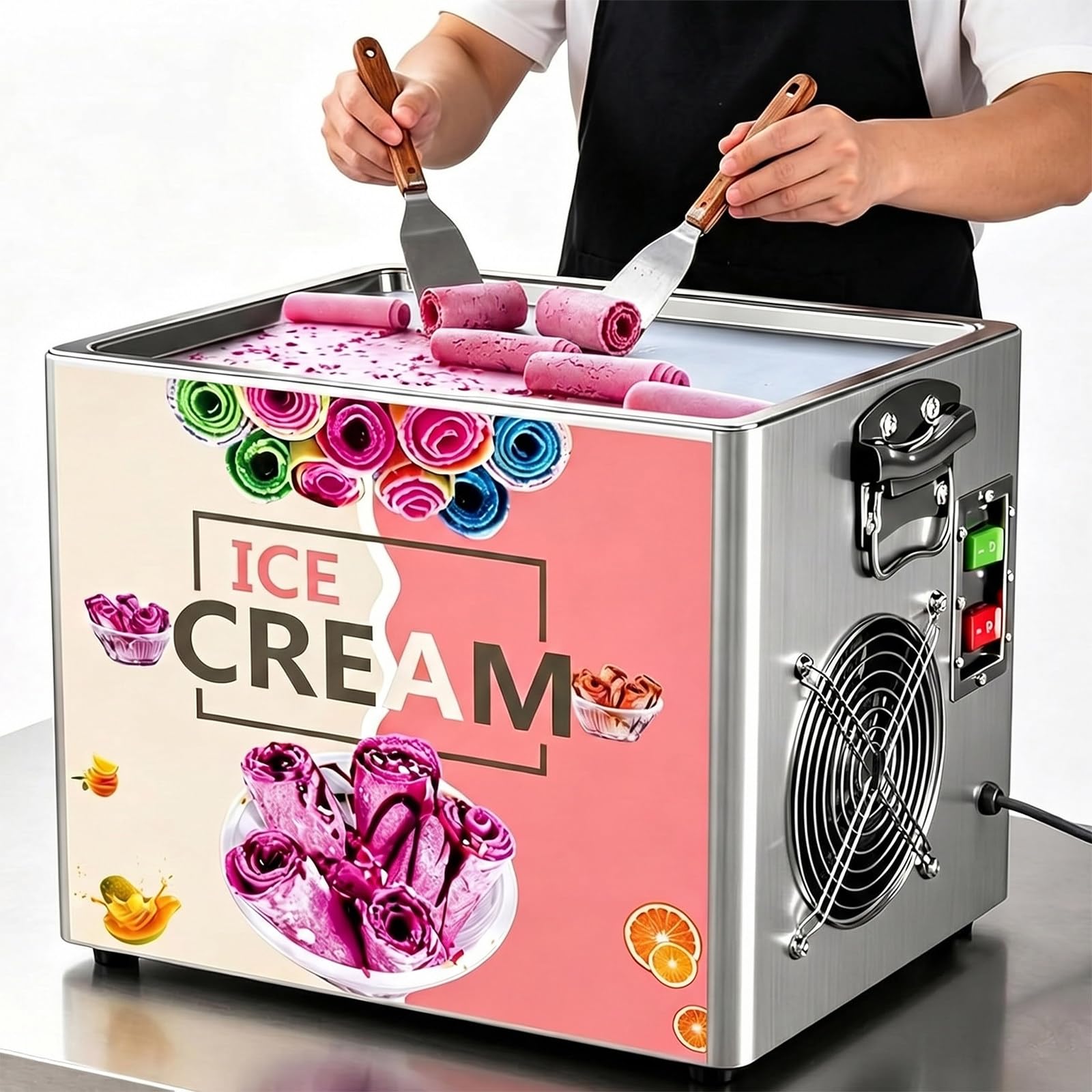 Máquina de Helado en Rollos de 330 W, Bandeja de 30 x 24 cm, heladera Profesional de Acero Inoxidable con 2 espátulas, para Helado y Yogur Helado