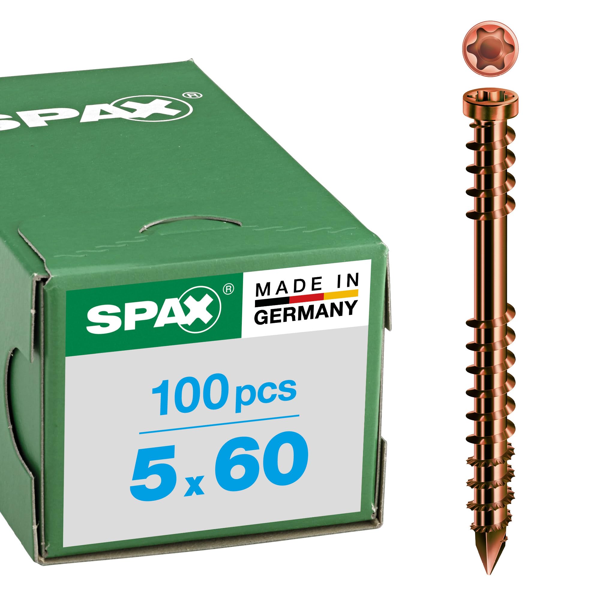 SPAX Vis terrasse, 5 x 60 mm, 100 pièces, Filetage de fixation, Tête cylindrique, T-STAR plus T25, Pointe CUT, Acier inoxydable A2 antique - 0537900500603